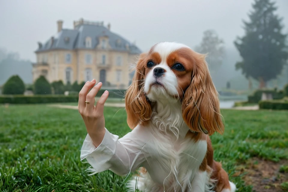 <lora:Noble_Dogs_XL_CKCS_E27:0.9>  NOBLEDOGS_CKCS, remarkable ultra-realistic portrait of an elegant victorian mature woman woman who is playing with (cavalier person spaniel dog:1.3) in early morning noble garden in front of foggy French landscape with luxurious mansion in background fog, woman presenting her artistic hands which have anatomically correct five fingers BREAK ([(3d game concept with ground made of voronoi-shaped prismatic voxels:1.2) : ultra-realistic organic shapes with wet surface and reflections :0.42]:1.4), art by mooncryptowow, (dreamy natural morning light with rim lighting and soft focus and light leaks with shallow dof and swirly bokeh, view from_below, low angle view:1.1), (masterpiece, award winning artwork), many details, extreme detailed, remarkable