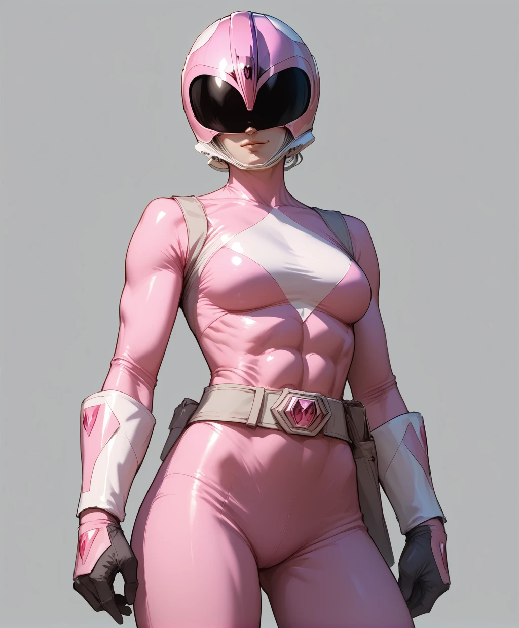 <lora:Pink_Ranger_Pony_r1:.5> pink ranger, helmet, cowboy shot, score_9, score_8_up, score_7_up, masterpiece, high quality, grey background, blank background, sexy pose, sexy, slutty, seductive,, thin waist, tight abs,, (abs:.5)
