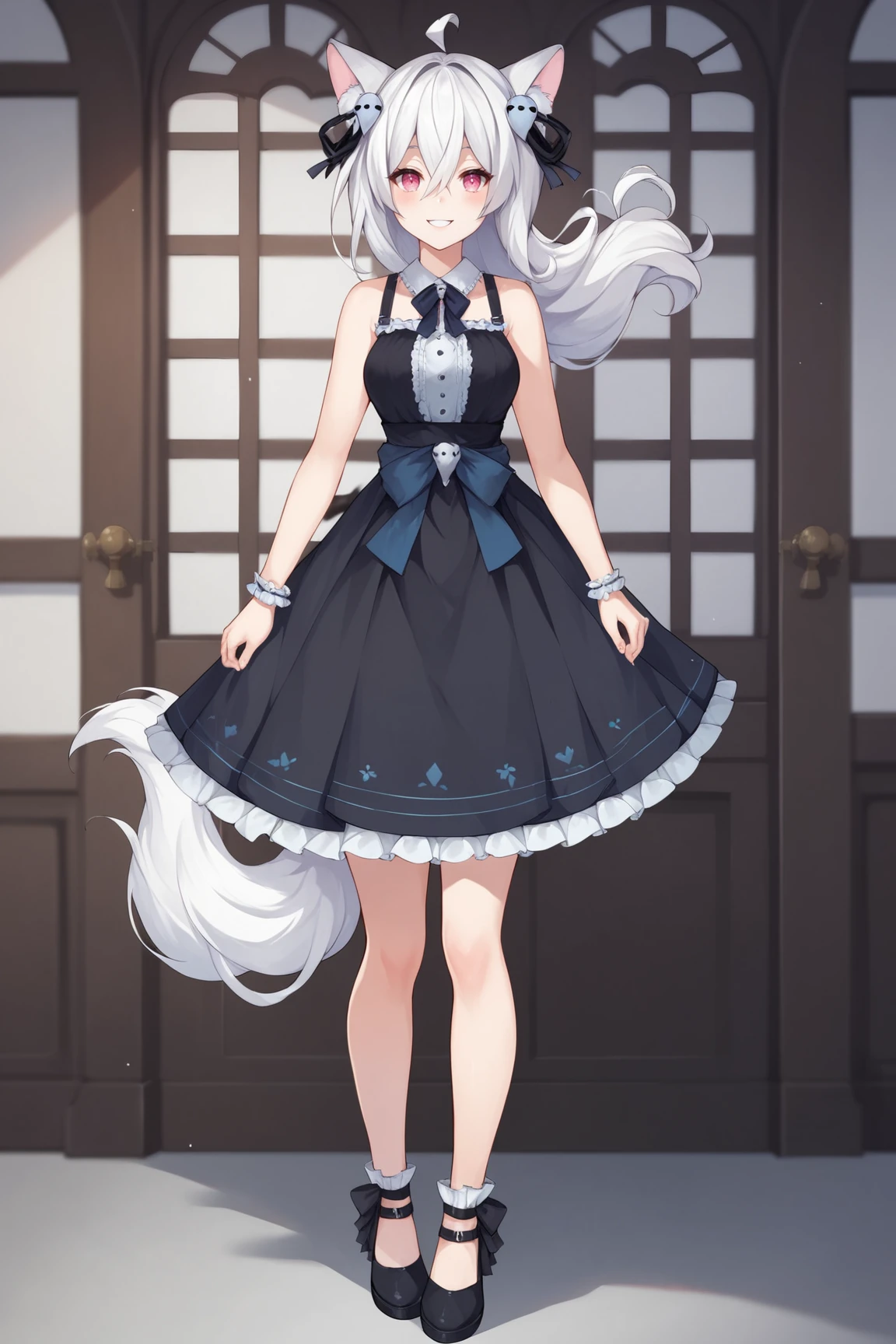 score_9, score_8_up, score_7_up, score_6_up, score_5_up, score_4_up, PookyBooVTXL, pink eyes, white hair, long hair, hair between eyes, ahoge, animal ears, (hair ornament:1.2), black dress, bare shoulders, (sleeveless:1.2), skirt, black ribbon, (black ribbon on waist:1.2), standing, full body, looking at viewer, seductive smile, indoors <lora:PookyBooVTXL:0.7>