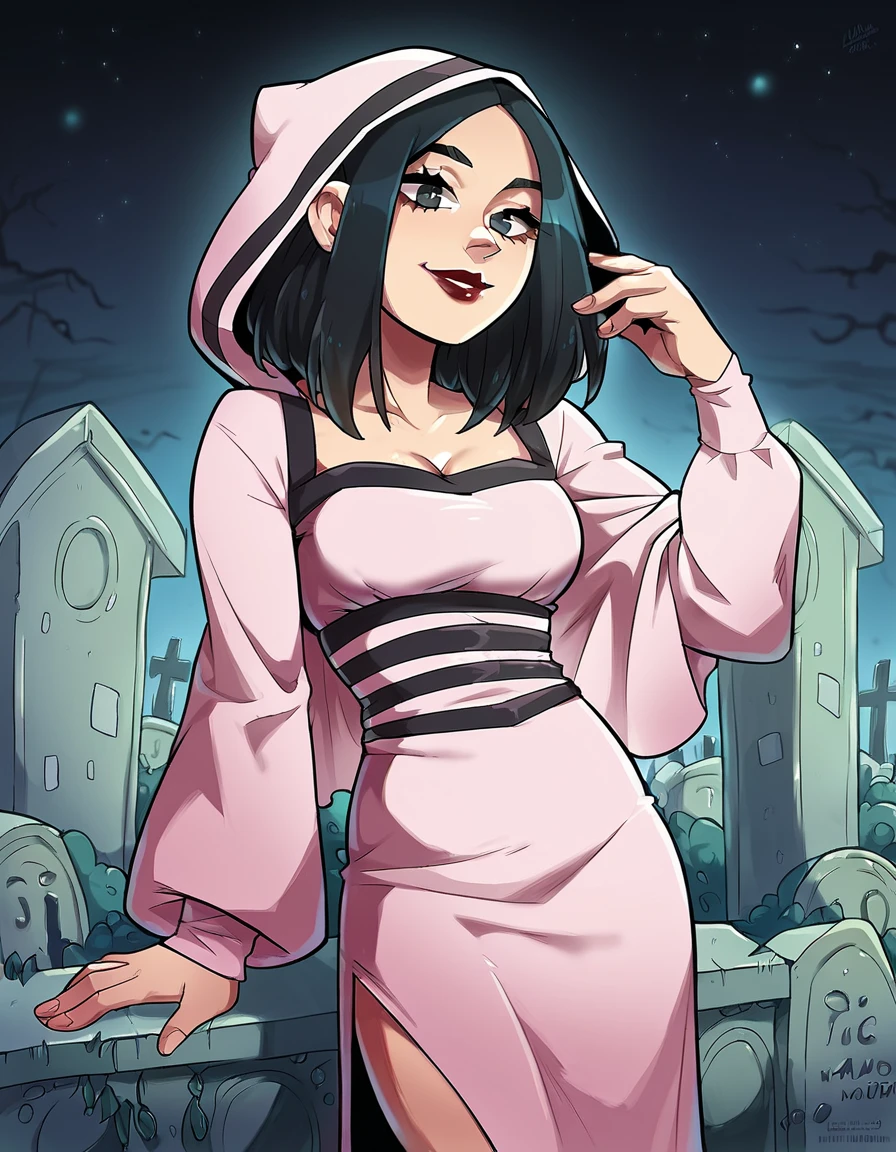 score_9, score_8_up, score_7_up, score_6_up, score_5_up, score_4_up, source_anime, best quality, 1girl, solo, black hair with white streak, lipstick, hud_lly_mnstr, pink dress, long sleeves, hood, <lora:lily_munster-000008:0.8>, looking at viewer, light smile, cemetery, beautiful tombstones, moonlight