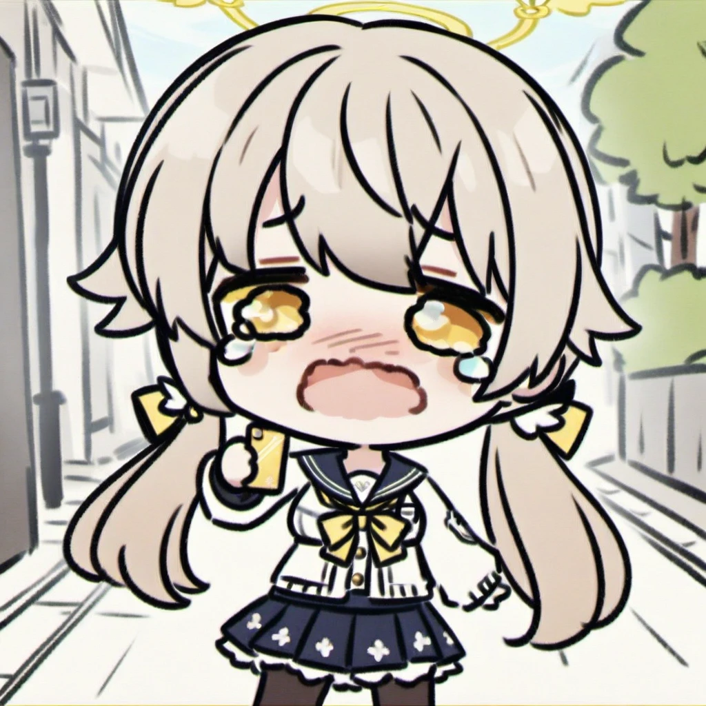 crying,chibi,(masterpiece, best quality),1girl,solo,long hair,blue eyes,in_summer,(middle_breasts:1.1), hifumi-default,hifumi \(blue archive\),(yellow eyes:1.3),light brown hair,long hair,low twintails,halo,school uniform,blue sailor collar,white cardigan,pleated skirt,black pantyhose,sneakers ,holding_phone,outdoors,walking on street,looking to the side,standing_split,dutch angle,smiling,