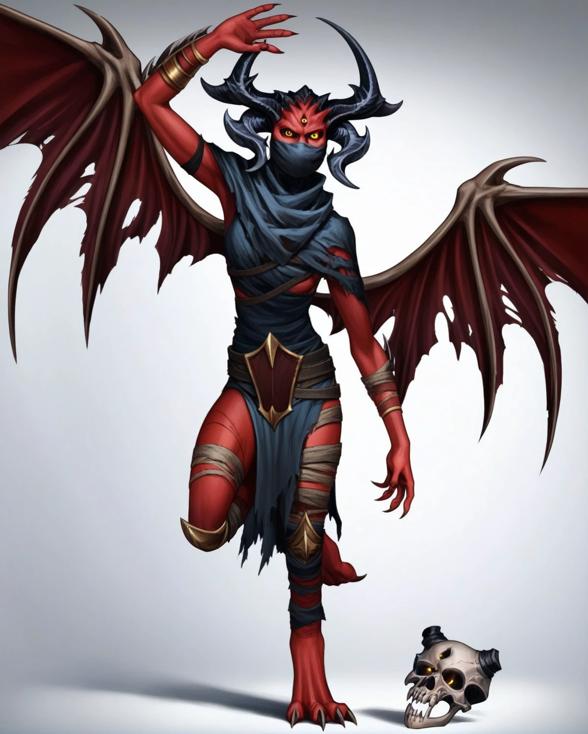 score_8,score_7,source_furry, 
(Masterpiece), (Best Quality), (Hi Res),
<1girl:1.5>,
<solo:2.5>,
unknown_mh, metal_hellsinger, skull, wings, horns, holding skull, holding, white background, solo, red skin, yellow eyes, demon wings, torn clothes, 1girl, simple background, demon horns, demon, female focus, colored skin, looking at viewer, belt, colored sclera
covered mouth,claws,feet claws,
 <lora:Unknown_Metal_Hellsinger_Pony_SDXL:1> unknown_mh,, standing,
dancing,
waving hands,