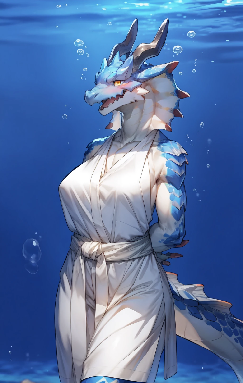 by pgm300,by fuguri,by kiyosan,by milkytiger1145,
full body,anthro,dragon,digitigrade,(female:1.3),big breasts,(horns:1.2),yellow eyes,grey belly,scales,
(half-length portrait:1.55),
blue,
looking at viewer,open mouth,smile,blush,happy,standing,
toga,white toga,
(arms behind back:1.25),
cover,sea,ocean,(underwater:1.2),fish,
<lora:lagiacrus-15:1>,