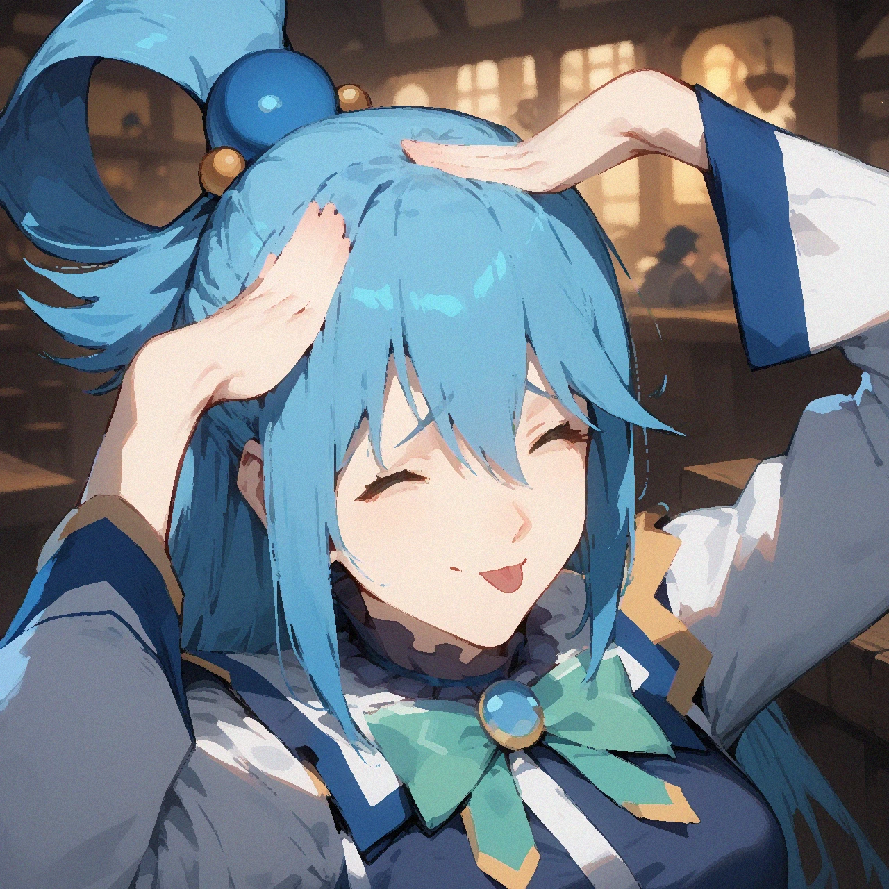 <lora:merrytail_bleh_v01_ponyDiffusionV6XL-10:1>, score_9, score_8_up, score_7_up, closed eyes, tongue out, hands on own head, smile, upper body, 1girl, aqua \(konosuba\), indoors, tavern, blurry background,