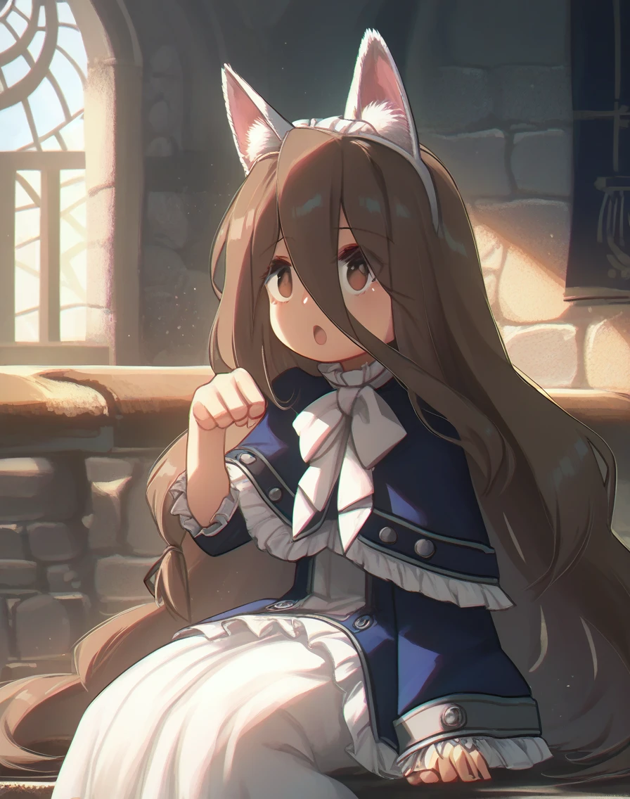 score_9, score_8_up, score_7_up,score_6_up, 1girl sitting, castle, paw pose, open mouth, fake cat ears <lora:porforever_style_pony6_v2-000020:1.2> <lora:sense_sousou no frieren_PONY_last:.8> sense \(sousou no frieren\),brown eyes,very long hair,absurdly long hair,hair between eyes,eyes visible through hair, blue capelet,frilled dress,white long dress, fake animal ears,brown hair, window, sunlight,