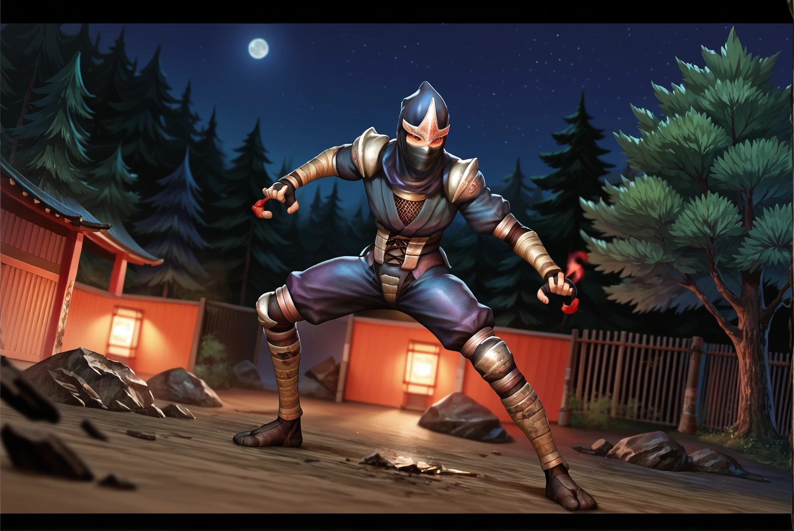 score_9, score_8_up, score_7_up, score_6_up, Detailed Background, BREAK
<lora:Hanzo_Hattori_Samurai_Warriors:0.8>, hanz0, 1boy, mask, male focus, ninja, menacing, night, dark, forest, epic, action pose, debris, vfx, anime