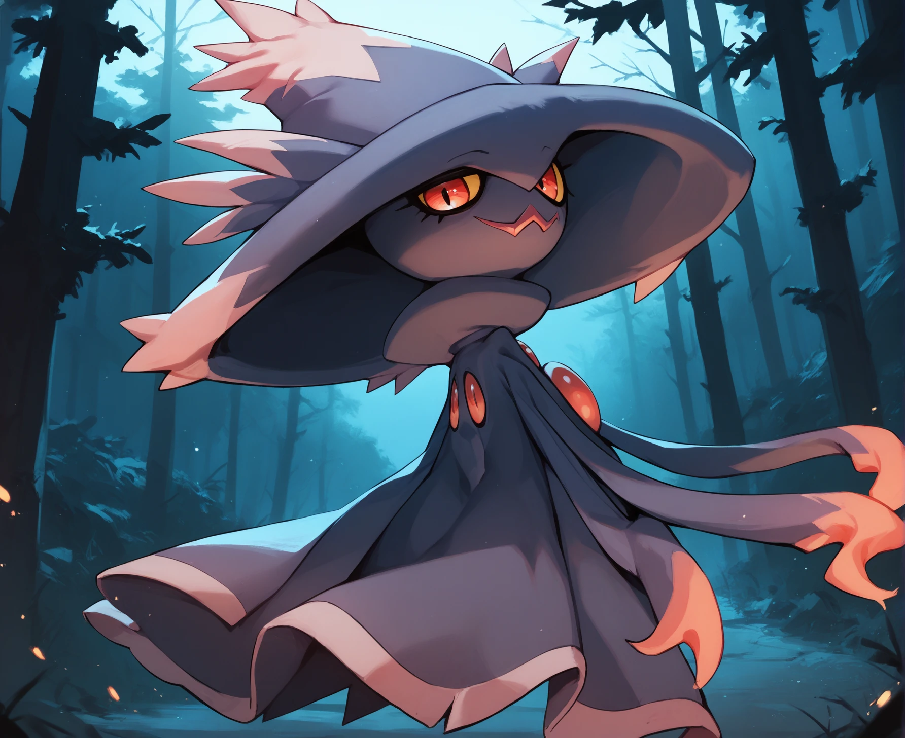 score_9, score_8_up, score_7_up, score_6_up, score_5_up, best quality, highres, darkness, night, dark forest, BREAK
<lora:MismagiusPDXL:1>
1girl pokemon \(creature\), mismagius, solo, floating, smug, looking at viewer, from behind, looking back, back