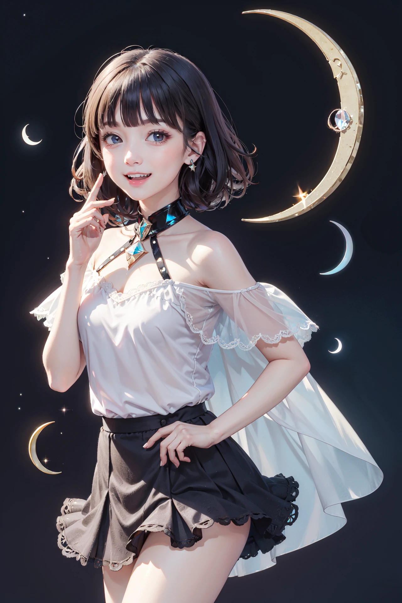 ((best quality, masterpiece, absurbres, super-resolution))
1girl, gentle, elegant, smiling, open mouth, small fangs, little devil, looking at viewer,
BREAK
dancing with you, reaching out to viewer, spinning
BREAK
flowing glistering hair, bejewel accessories, flowy translucent skirt, Off shoulder cut out top with laces
BREAK
(Detailed crescent moon:1.5), (crystal, holographic, prism:1.3)