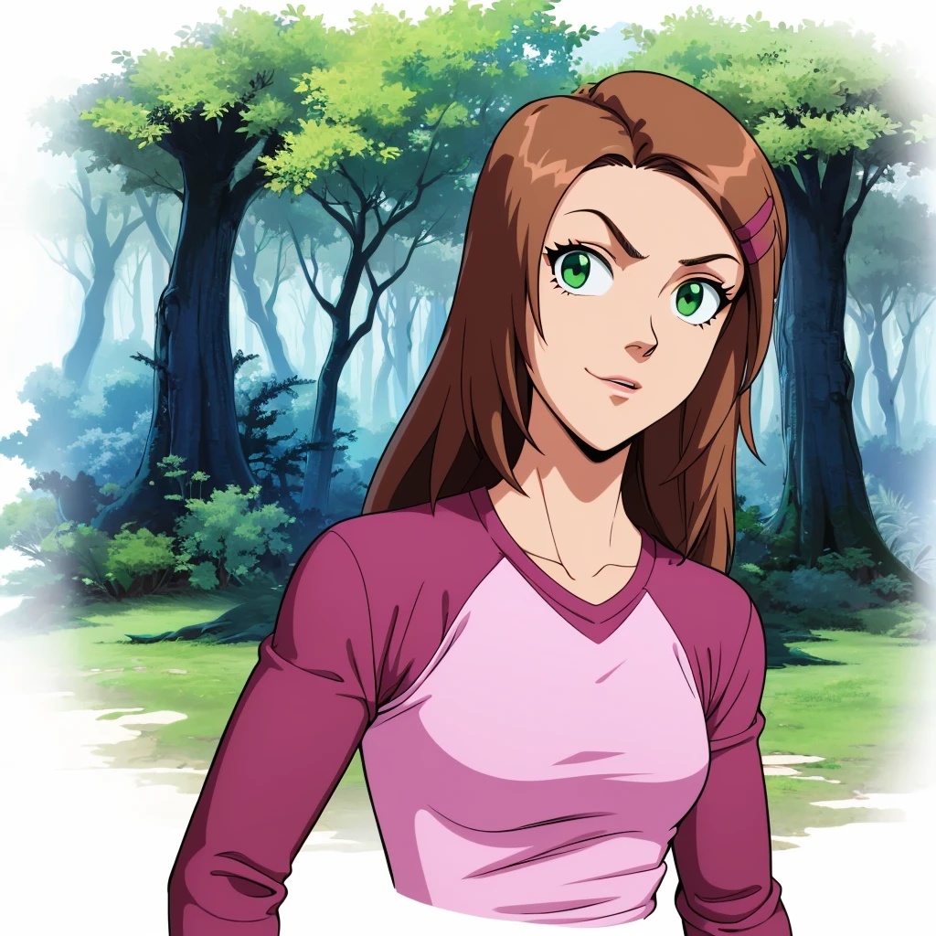 1girl, solo, Diana,  long hair,  brown hair,  long sleeves,  green eyes,  pink hairclip,   shirt, raglan sleeves, blue pants,  <lora:Diana_Lombard_Leaf1:0.8>, portrait, looking at viewer, forest,