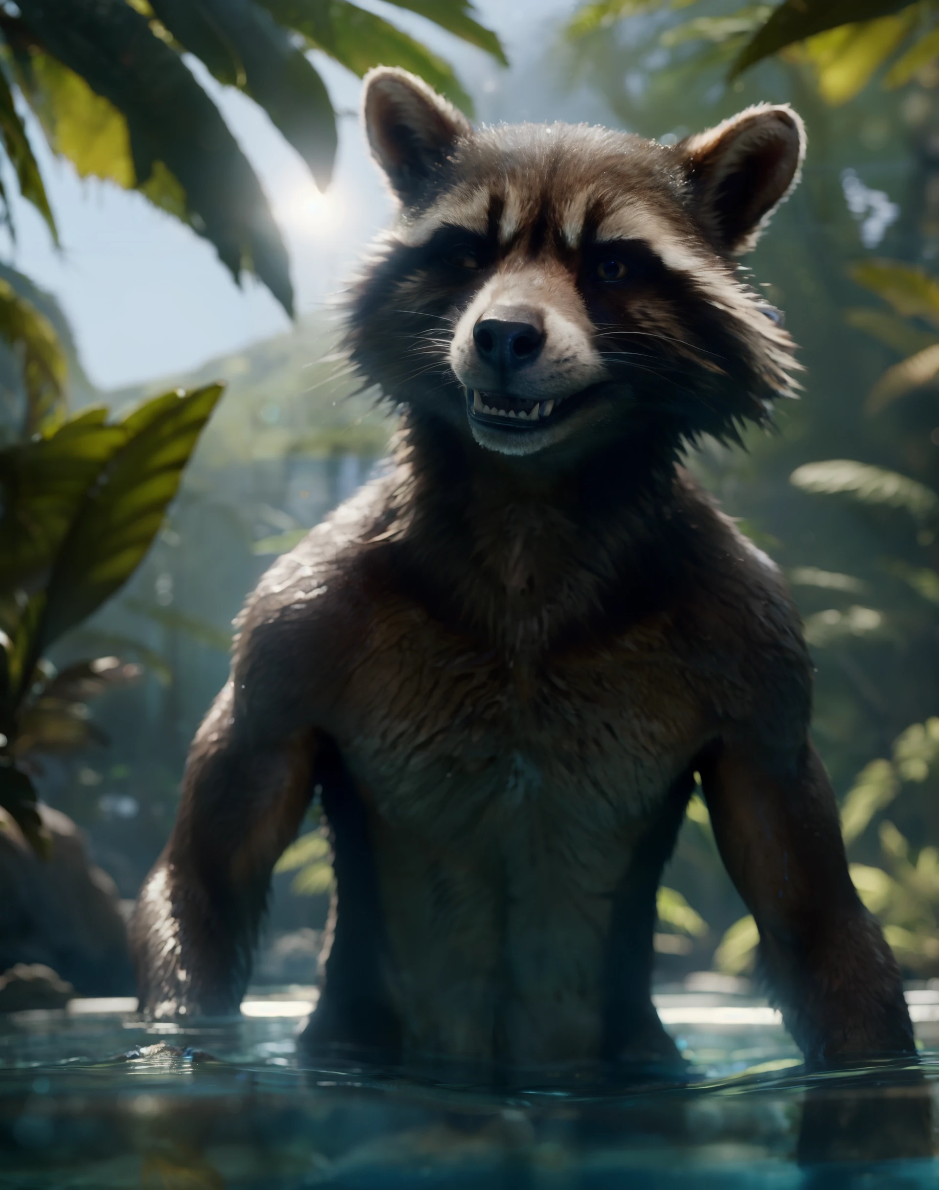 photo of rocket raccoon bathing, naked, happy expression, (relaxed pose:1.3)
low-angle view, glistening fur, directed by person, Avatar 2009
vignette, anamorphic lens, high dynamic range, color grading, bloom, lens flare, submerged, wet body, indirect lighting, blue alien jungle, dense foliage, lake, close-up,
detailed_background, photorealism, detailed fur, (subsurface scattering:1.1), real life, depth of field, caustics, fresnel, irl, ray tracing, render  <lora:Rocket Raccoon purrfectmerge:0.8>