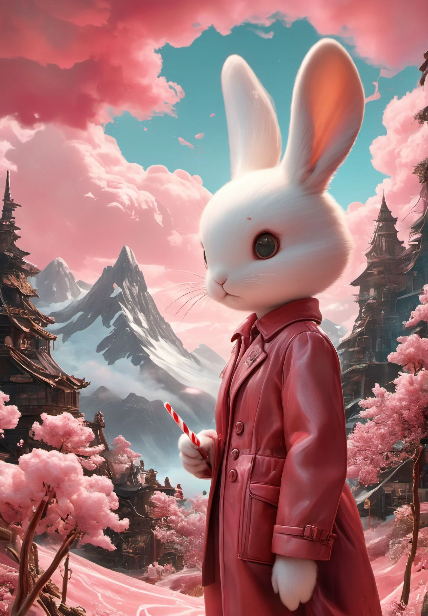 XUER Rabbit anthropomorphic,female,whiskers,<lora:~Q?XL bNSQT[P XUER Rabbit anthropomorphic:1>,
manga cover,wealthy portraiture,poster art,
cinematic photo biomechanical style land art style hyperrealistic (A landscape with a pink atmosphere that scatters the light in different hues, creating a colorful and whimsical environment. The flora is fantastical and whimsical, such as cotton candy clouds, rainbow flowers, and candy cane trees. The geology is mostly soft and sweet, with marshmallows, chocolate, and jelly. The mood is playful and fun.),photorealistic,extreme detail,lifelike,crisp,precise,blurry . natural materials,outdoor,environmental,detailed . blend of organic and mechanical elements,futuristic,cybernetic,detailed,intricate . 35mm photograph,film,bokeh,professional,4k,highly detailed,