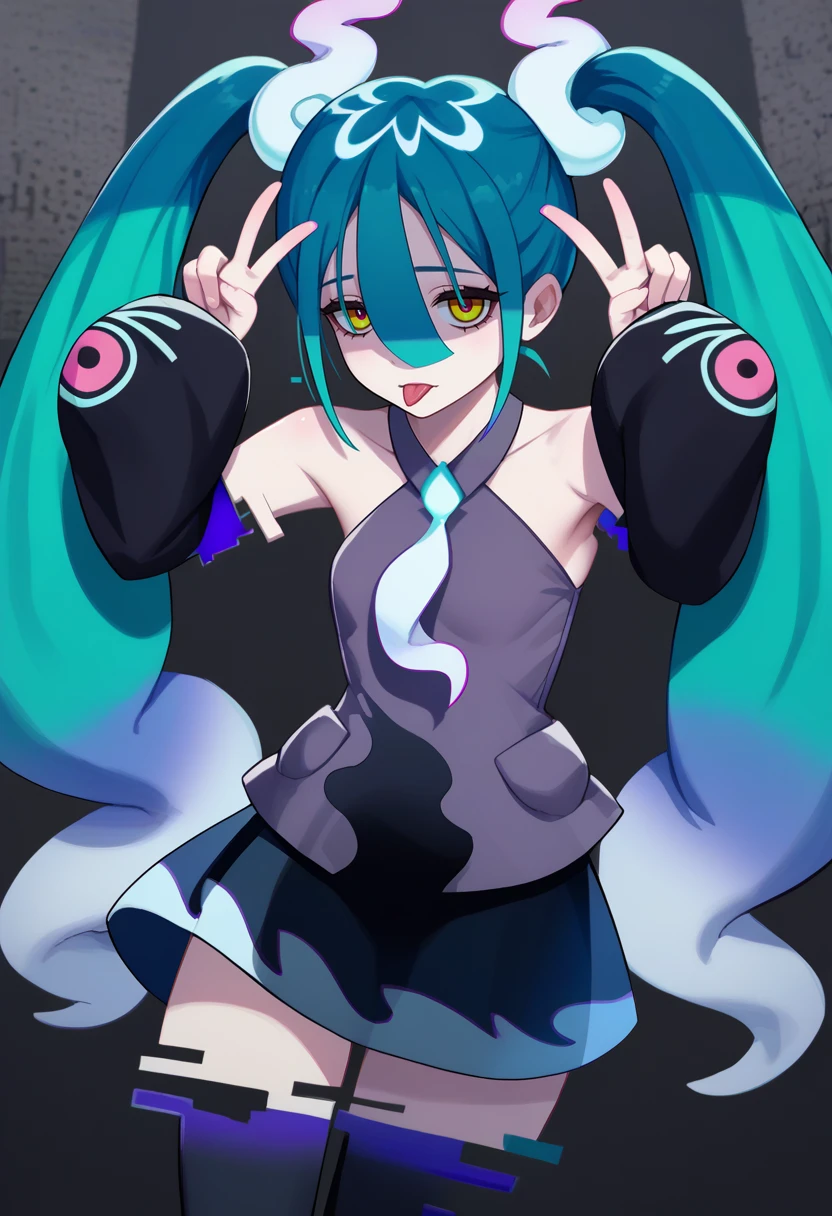 score_9, score_8_up, score_7_up, source_anime, solo, 1girl, ghostmiku, pale skin, looking at viewer, tongue out, double v, twintails, grey shirt, sleeveless shirt, white necktie, black sleeves, detached sleeves, print sleeves, black skirt, see-through skirt, black thighhighs, bare shoulders, glitch <lora:projectvoltage_ghostmiku_ponyXL:1>