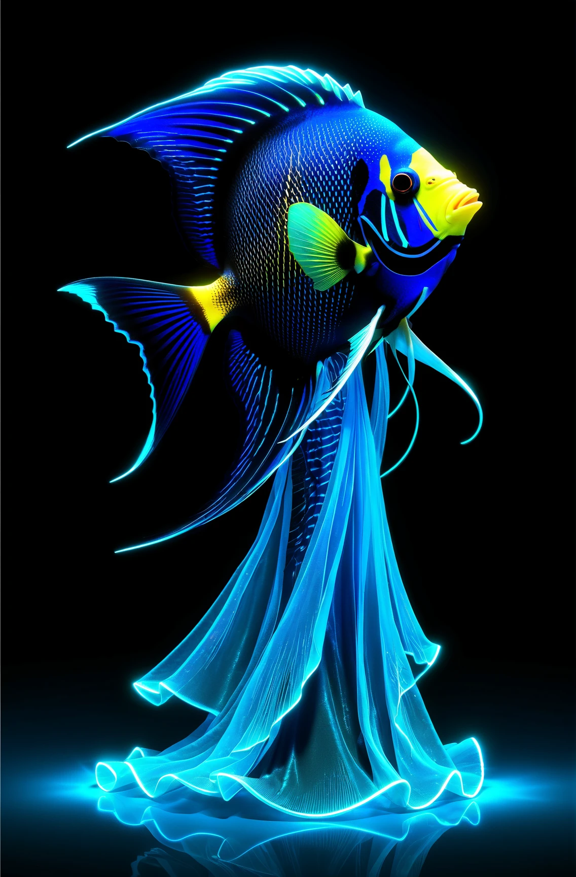 Angelfish glowing neon blue gown, Realistic style