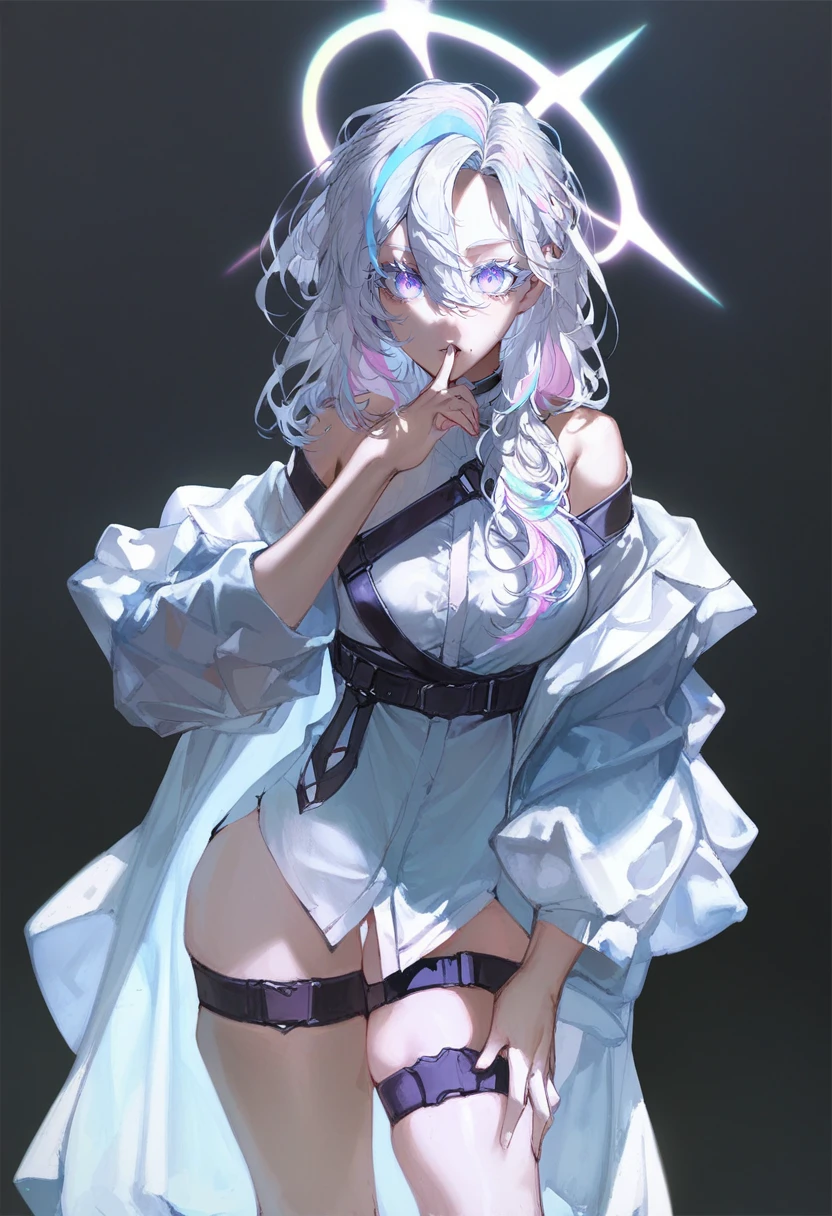 score_9, score_8_up, score_7_up, score_6_up, <lora:QUASARCAKEXL_P6_lokr_V42310:0.95> 1girl, solo, halo, multicolored hair, looking at viewer, thigh strap, black background, streaked hair, bare shoulders, white hair, shirt, cowboy shot, hair between eyes, off shoulder, white shirt, purple hair, long hair, purple eyes, breasts, simple background, long sleeves, blue hair, grey hair, skindentation, pink hair, hand on own thigh, blue eyes, fingernails, standing, finger to mouth, hand up