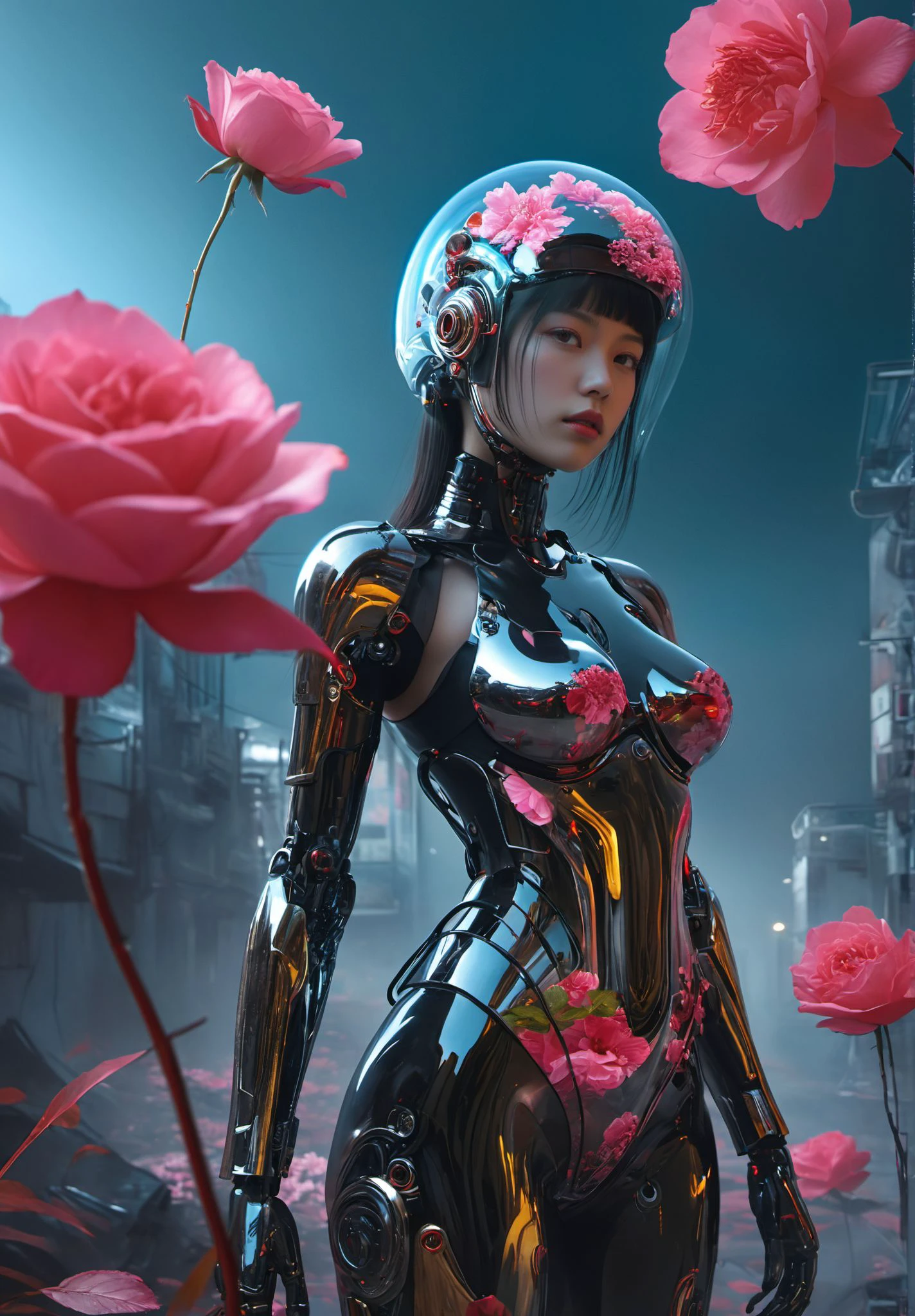 The image portrays a figure clothed in what appears to be a bodysuit with mechanical elements,reminiscent of a blend between human and machine. The suit is predominantly black with striking red accents that highlight its contours,giving it an almost fluid appearance. It's adorned with intricate details such as glowing red jewels or lenses that punctuate the surface,catching the light and adding depth to the design.,
The figure stands against a dark,moody background that suggests a dystopian or futuristic setting. There are floating petals around,primarily in shades of red,which mirror the color scheme of the attire and add a sense of motion to the scene. These petals could symbolize decay,rebirth,love,or loss,depending on one's interpretation.,
In the figure's hand is a single,vividly colored rose,which contrasts sharply with the otherwise dark palette of the surroundings. This rose becomes a focal point,drawing attention and suggesting themes of beauty amidst despair or the persistence of life in a harsh environment.,
Overall,the image evokes feelings of solitude,mystery,and resilience,inviting viewers to ponder the story behind this striking visual tableau.,
XUER Liquid chromium brain,<lora:~Q?XL m`Y' XUER Liquid chromium brain:0.6>,(wide shot, wide-angle lens,Panoramic:1.2),super vista,super wide Angle,Low Angle shooting,super wide lens,(full body:1.5),(leggy,slim:1.1),
a full body photo of an asian Beautiful cyberpunk robot woman wearing light cyan Fluorescent helmet with metal nails and golden Fluorescent goggles,
he has his head in the shape of Cherry blossoms made from transparent plastic bag filled by liquid chrome,written on it,posted to reddit in 2018,evil,