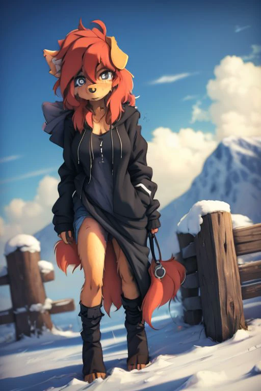 Solo, Female, (masterpiece, beautiful), highly detailed, 8k uhd, intricate details, best quality, correct anatomy, vibrant lighting, HD, soft lighting, digital painting, a white furry female fox posing at snowy mountain, pose, tail, very long hair, tree, :3, snout, sky, clouds, fine line, Grey hoodie, Cute grey panties, Headphones