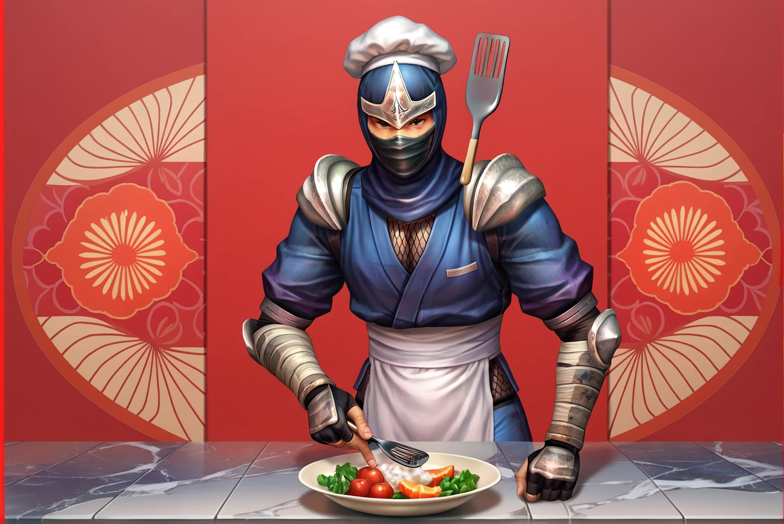 score_9, score_8_up, score_7_up, score_6_up, Detailed Background, BREAK
<lora:Hanzo_Hattori_Samurai_Warriors:0.7>, hanz0, 1boy, mask, helmet, male focus, ninja, armor, BREAK
chef hat, kitchen, white apron, holding spatula,