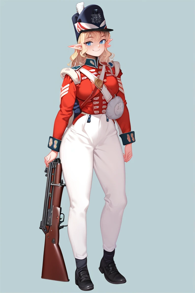 score_9,score_8_up,score_7_up,artbook,game cg,1girl,solo,military_uniform,uniform,standing,hat,epaulettes,military,white_pants,red_jacket,shako hat,rifle,white pants,napoleonera,regiment of foot,redcoat,musket,red and white hackle,red and white plume,blonde long wavy hair,blue eyes,smug, light smile, large breasts,wide hips,narrow waist,elf,pointy ears,backpack,<lora:redcoatXLv1:1>,<lora:Koume_Keito_PonyXL_dim32:0.8:lbw=0.8,0,0,0,0,0,0.8,0.8,0.8,0.8,0.8,0.75>,