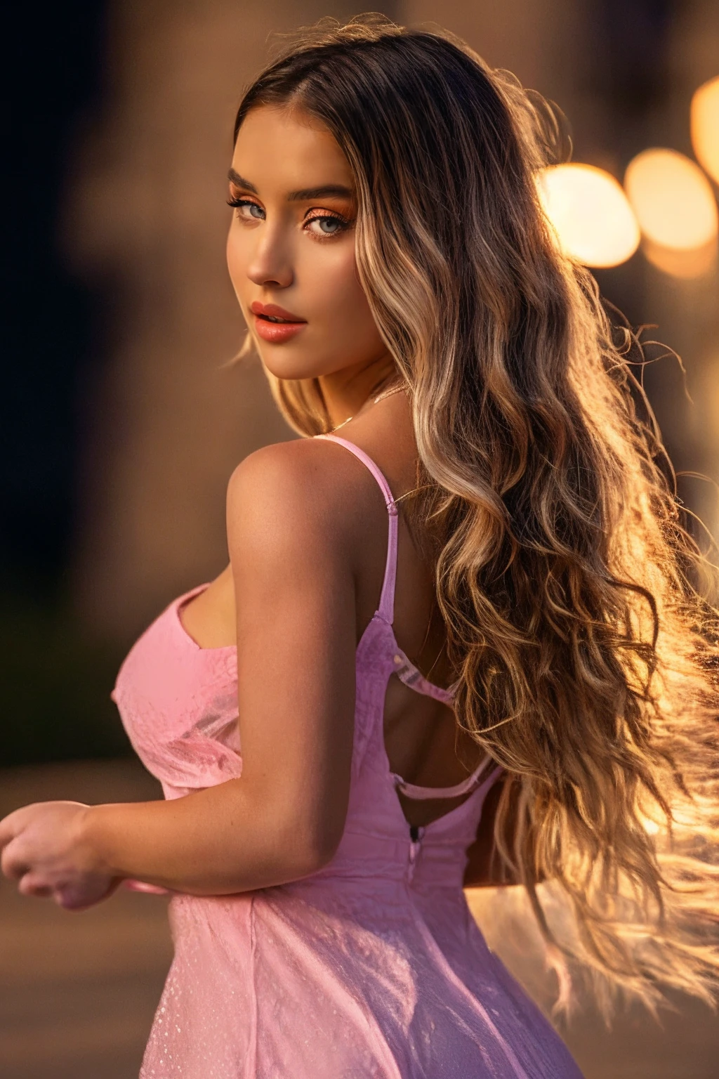 <lora:Briana_Nicole_Lora:0.85>, photo of br14n4n1c0l3, (upper body:1.2), detailed background, pink dress, hand on hip, walking at the city streets, night, epiCRealism, epiCPhoto