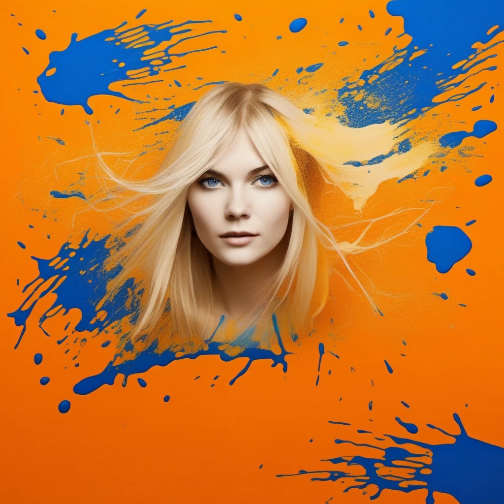 paint splatter, orange background, blue theme, blonde hair