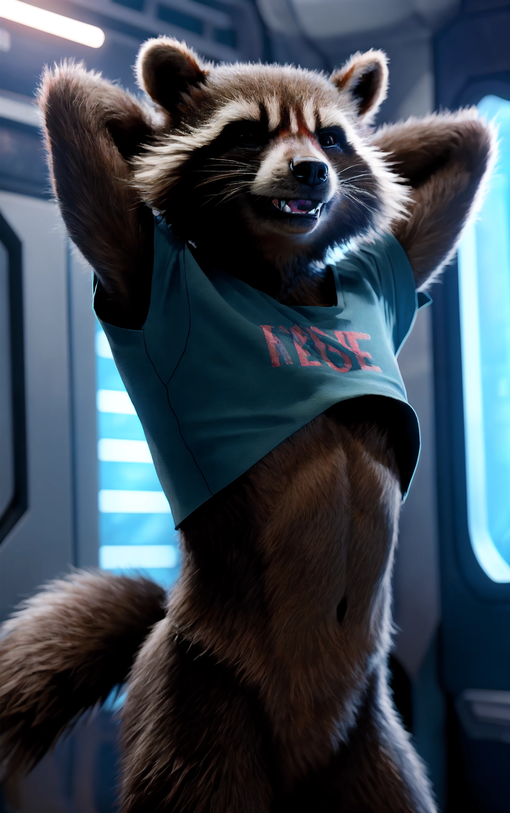 rocket raccoon, detailed fur, movie still, arms behind head, detailed background, spaceship interior background, athletic body, 5 fingers, dark palms, detailed_background, (photorealism:0.8), detailed fur, subsurface scattering, real life, hyperrealistic, photo, 8k, highly detailed, (naked:1.3), happy, smiling, wearing a crop top t-shirt, crop top shirt <lora:Rocket Raccoon purrfectmerge:0.8>