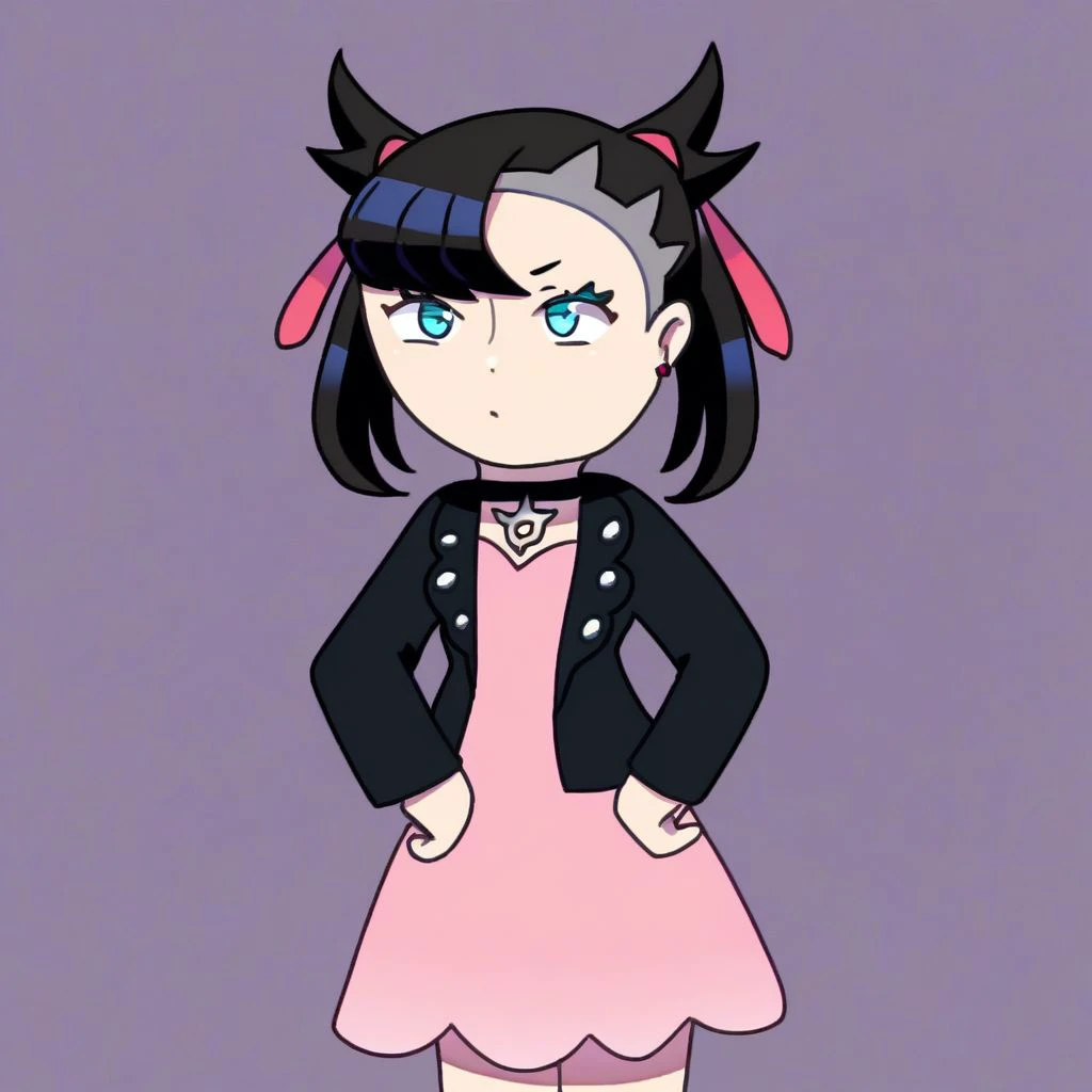 solo, 1girl, marnie, twintails, upper hand, hands on hips, black hair, blue eyes, dress, pink dress, jacke,t choker, black jacket