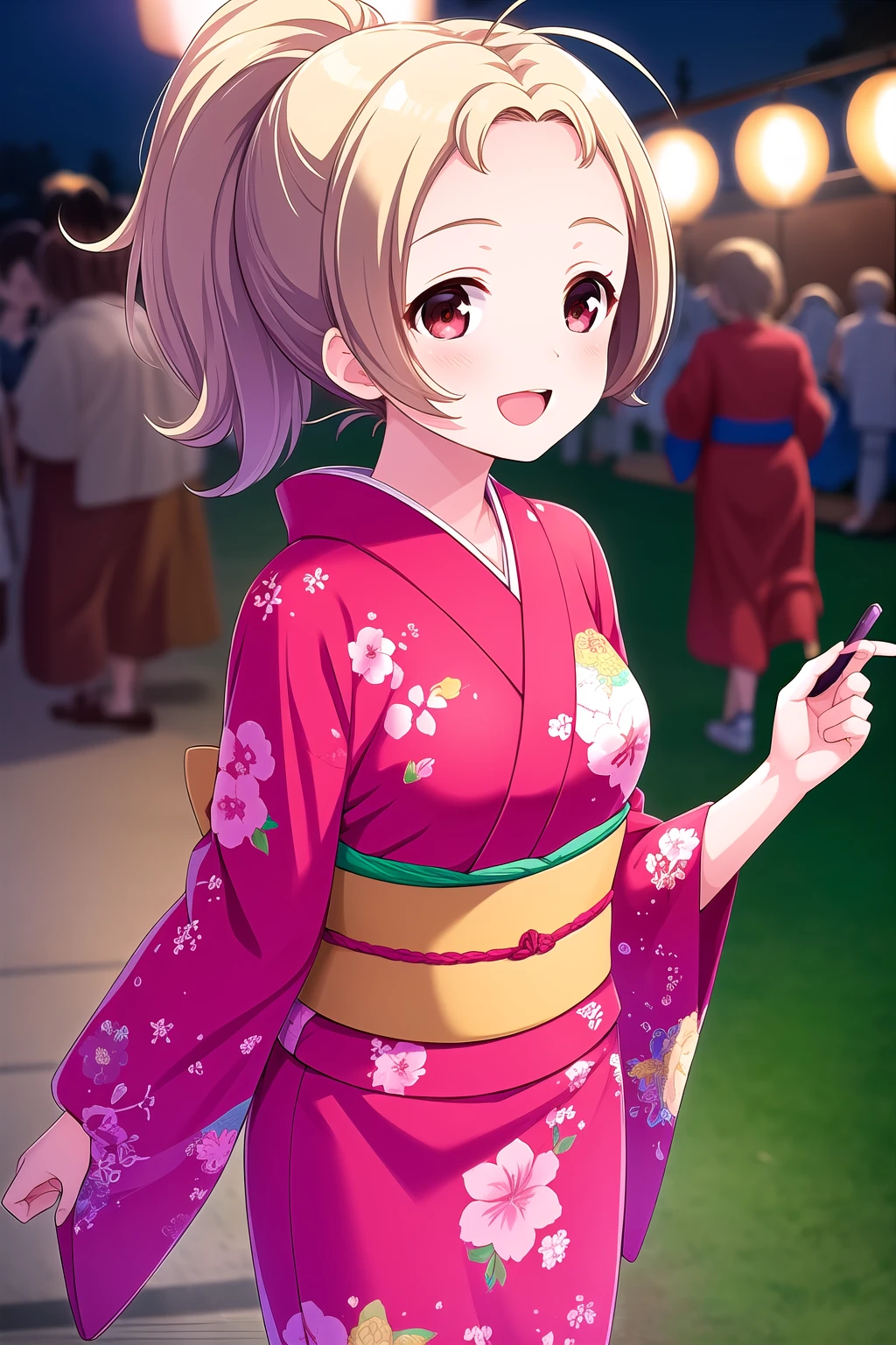 (masterpiece, best quality), highly detailed background, perfect lightingbest quality, narusemanami, solo, outdoors, night, summer festival, blonde hair, ahoge, ponytail, parted bangs, forehead, flipped hair, short hair, red eyes, medium breasts, red kimono, floral print, japanese clothes, smile, open mouth, :d, pink lips, <lora:Naruse-Manami:0.7>