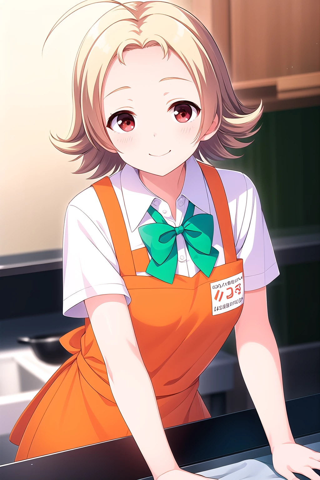 (masterpiece, best quality), highly detailed background, perfect lightingbest quality, narusemanami, solo, indoors, kitchen, blonde hair, ahoge, parted bangs, forehead, flipped hair, short hair, red eyes, medium breasts, green bowtie, white shirt, short sleeves, orange apron, school uniform, smile, closed mouth, :), pink lips, <lora:Naruse-Manami:0.7>