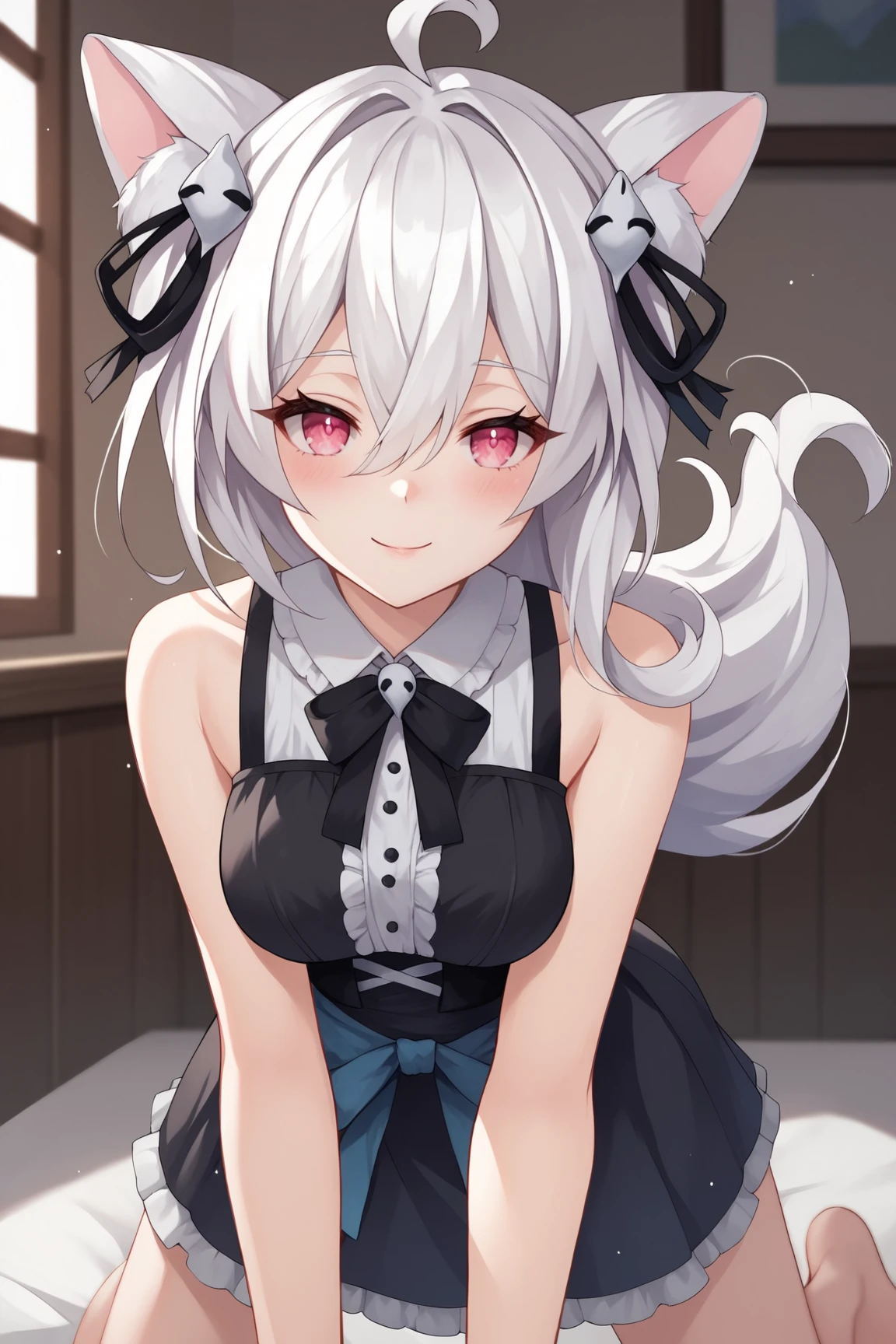 score_9, score_8_up, score_7_up, score_6_up, score_5_up, score_4_up, PookyBooVTXL, pink eyes, white hair, long hair, hair between eyes, ahoge, animal ears, (hair ornament:1.2), black dress, bare shoulders, (sleeveless:1.2), skirt, black ribbon, (black ribbon on waist:1.2), all fours, looking at viewer, seductive smile, indoors <lora:PookyBooVTXL:0.7>