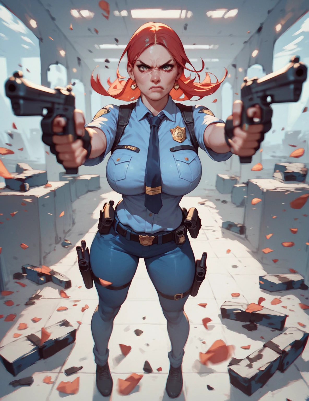 score_9, score_8_up, score_7_up, score_6_up, 1girl, full body, dual pistol, angry face, big breasts, looking viewer, police chasing, cinematic, motion blur <lora:plrd-pistol:.8>