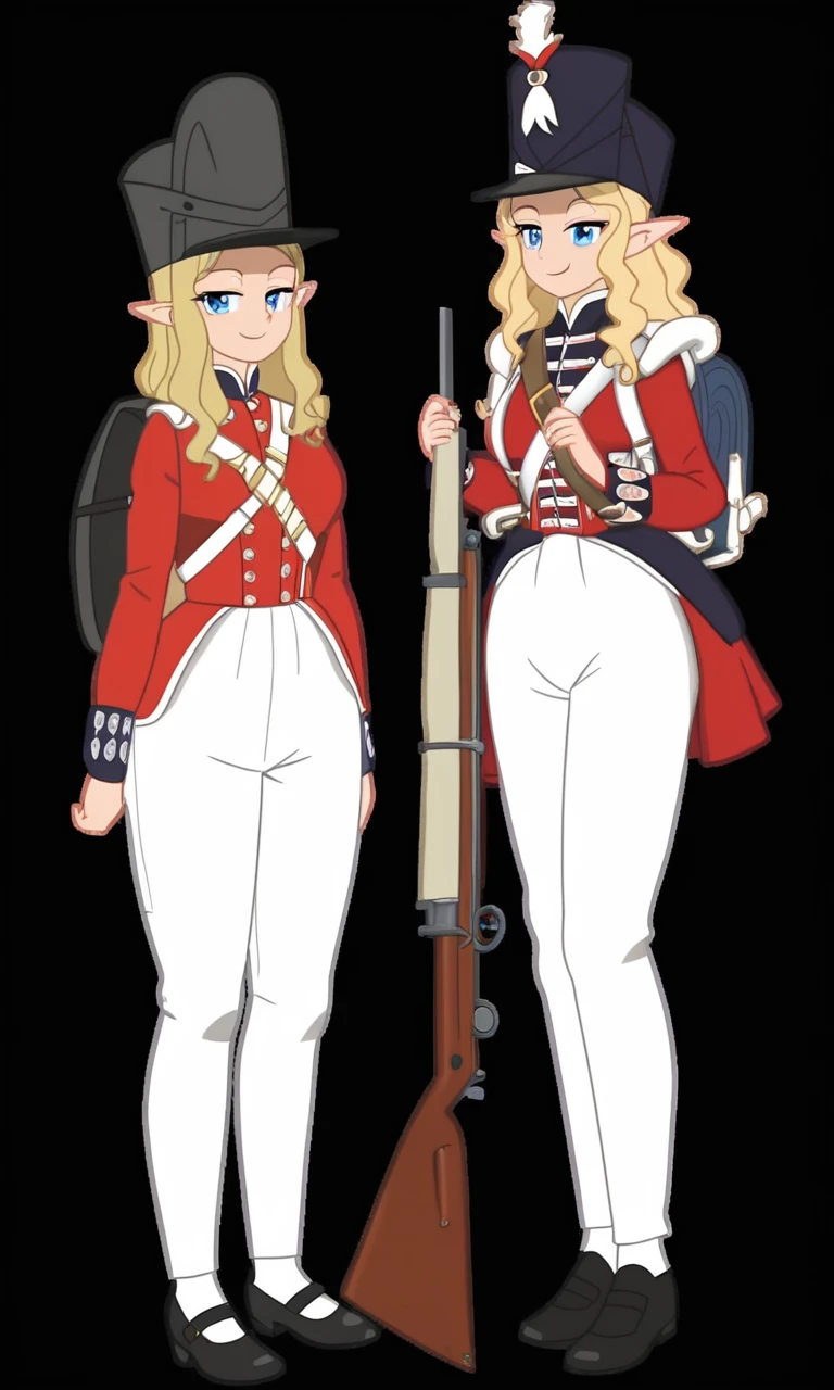 masterpiece,best quality,absurdres,high resolution,extremely detailed, anime screencap, victorian, 1girl,military_uniform,uniform,standing,hat,epaulettes,military,white_pants,red_jacket,shako hat,rifle,white pants,napoleonera,regiment of foot,redcoat,musket,red and white hackle,red and white plume,blonde long wavy hair,blue eyes,smug,light smile,large breasts,wide hips,narrow waist,elf,pointy ears,backpack,<lora:redcoatXLv1:0.9>,