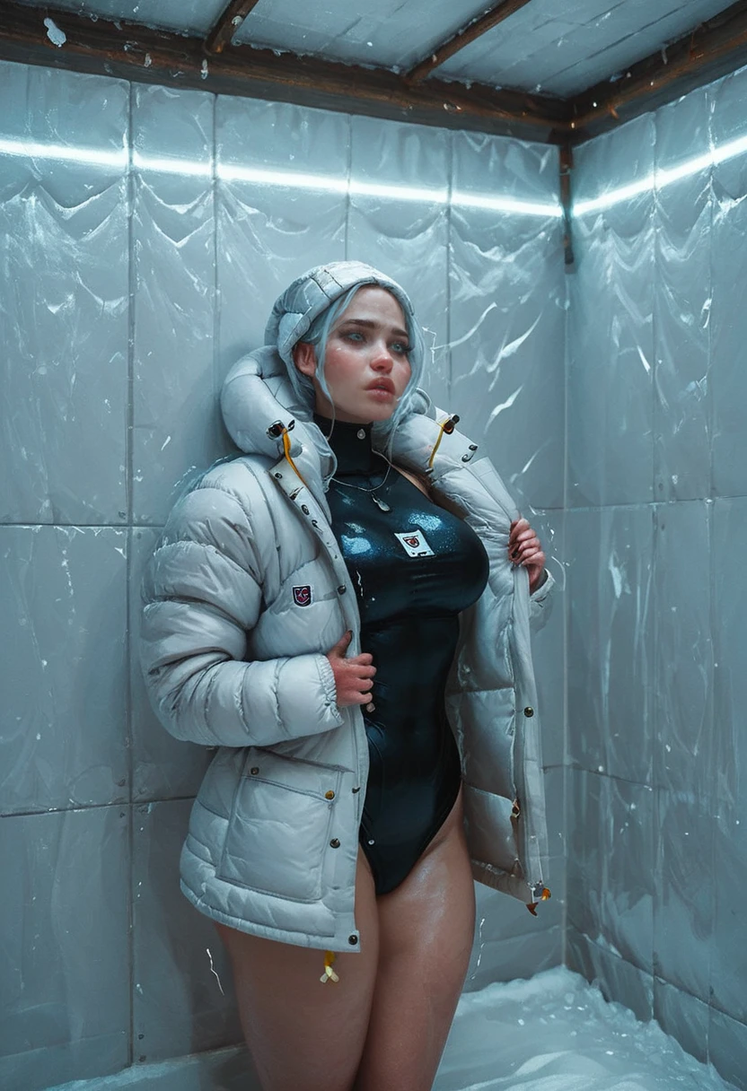 score_9, score_8_up, score_8_up, 1girl, in an industrial freezer warehouse, indoors, a girl posing in the snow, wearing black puffy down jacket, looking at camera, covered in snow and ice, tight swimsuit, swimsuit material detail, open coat, low angle, thick thighs, fit body, thin waist, large breasts, pure white snow, godrays, steel walls, blocks of ice, negative_hand, shivering, shaking, trembling, 1dk <lora:1dkXLP:0.65> <lora:Expressive_H:0.45> <lora:Granblue_Fantasy_Style_XLv4:0.20> <lora:Fjallraven_Expedition_-_Pony:1>