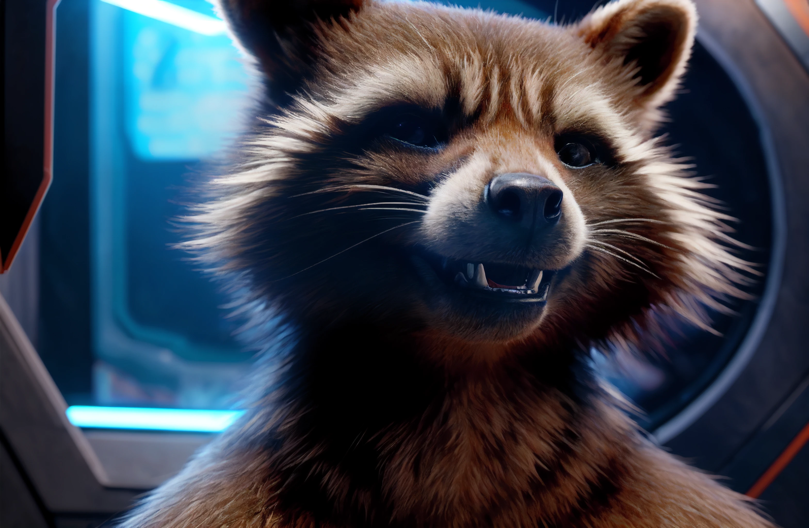 rocket raccoon, detailed fur, detailed background, spaceship interior background, (upper body portrait:1.3), athletic body, looking at viewer, detailed_background, (photorealism:0.8), detailed fur, subsurface scattering, real life, hyperrealistic, photo, 8k, highly detailed, (naked:1.3), happy, smiling <lora:Rocket Raccoon purrfectmerge:0.8>