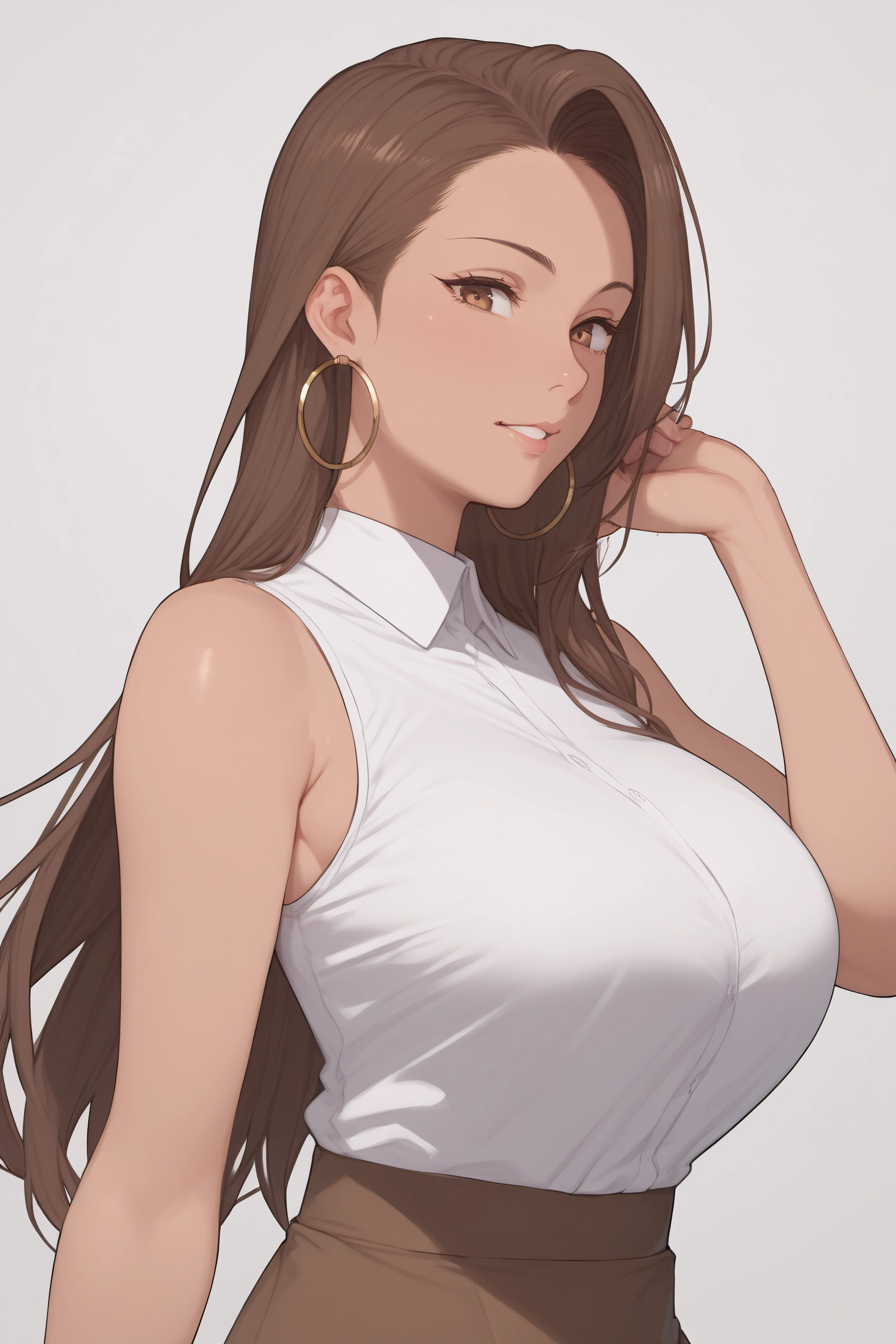 score_9, score_8_up, score_7_up, <lora:Risa Hamazaki-PonyXL-lora-Faxtron:0.8> risa hamazaki, brown eyes, brown hair, long hair, large breasts, hoop earrings, white shirt, sleeveless, brown skirt,