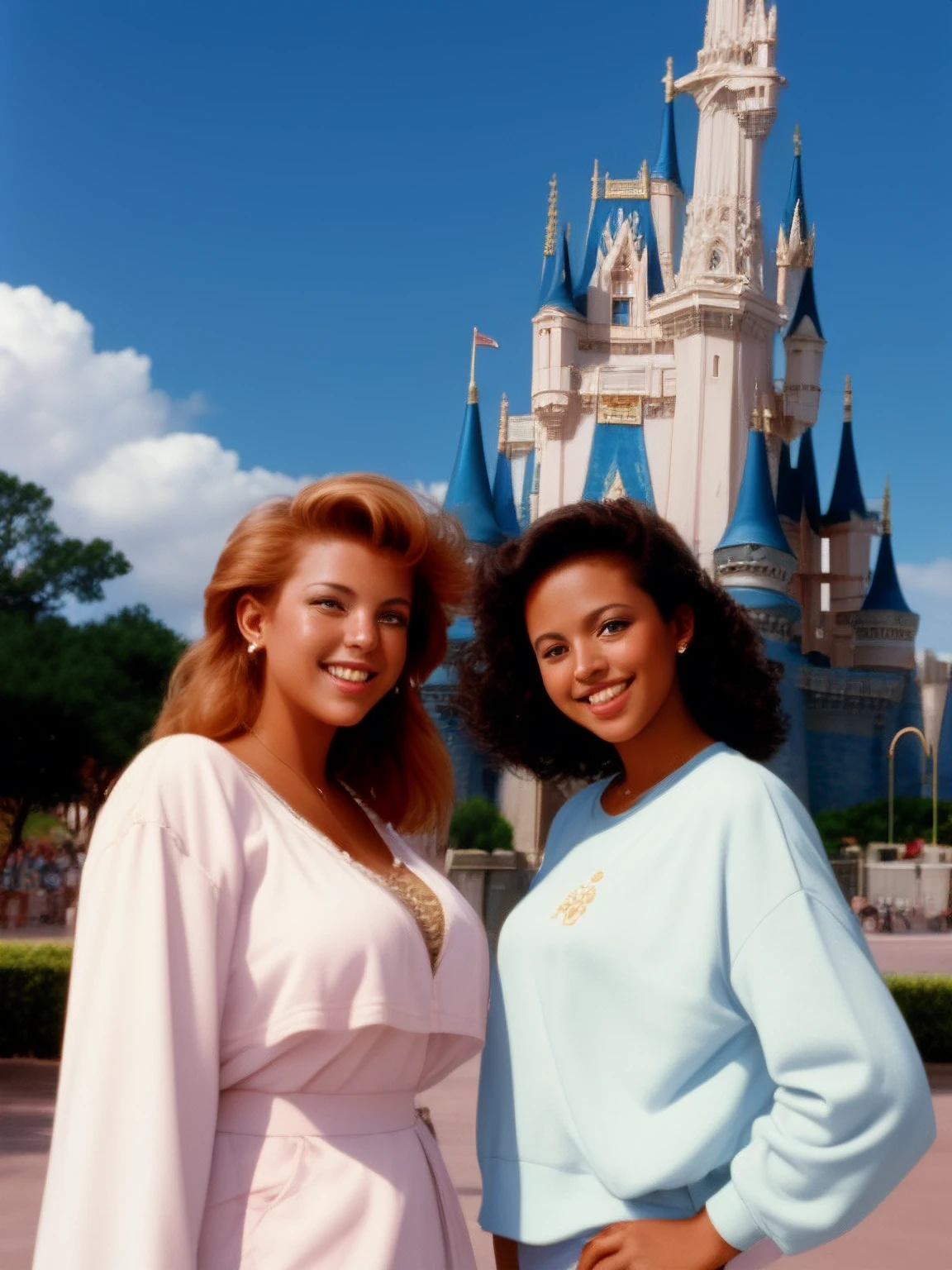 intricatedetails, masterpiece, three friends posing in front of the castle at Disneyworld, 1993, big hair, 90's clothes, film grain, 8k