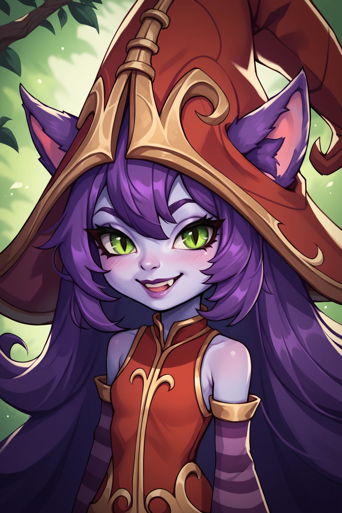 score_9, score_8_up, score_7_up, score_6_up, score_5_up, score_4_up, LuluLoLXL, yordle, green eyes, purple hair, very long hair, sidelocks, bangs, animal ears, purple skin, colored skin, witch hat, ears through headwear, red dress, purple striped sleeves, (portrait shot, upper body:1.2), seductive smile, looking at viewer, forest, tree  <lora:LuluLoLXL:0.7>