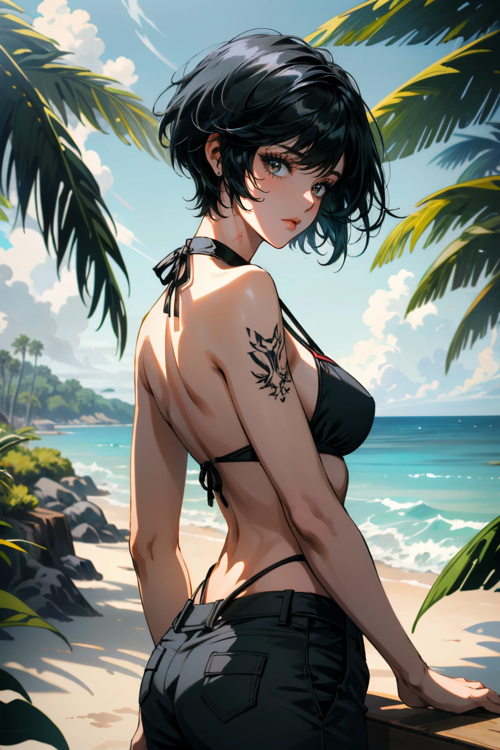 ((ultra detailed, masterpiece, absurdres))
 <lora:MEFaith:0.8>
MEFaith, 1girl, tattoo, short hair, black hair, on a tropical island, bikini, palm trees, ocean