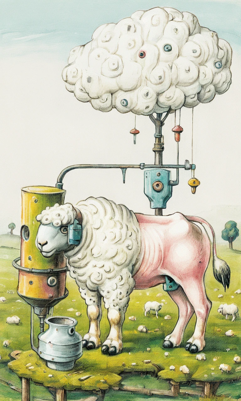 serco style, bio-mechanical animal, sheep with cloud-like wool and industrial elements, juxtaposition of organic and machine, subtle pastel tones with pops of vibrant color, serene yet curious atmosphere, concept of nature intertwined with technology,<lora:serco3_XL:1>