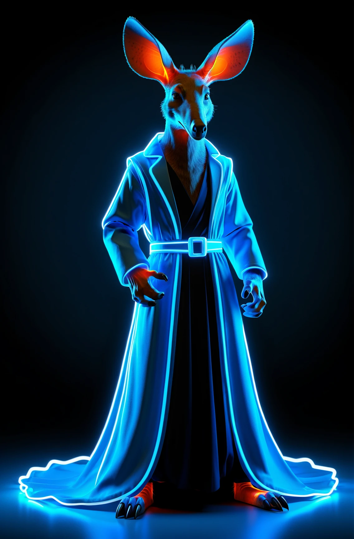 Aardvark glowing neon blue gown, Realistic style