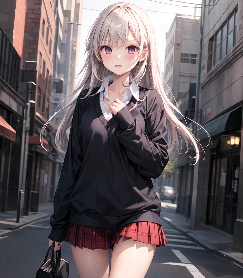 (super fine illustraiton:1.2),,best quality,ultra detailed, radiosity,professional lighting, physically-based rendering,1 girl,anime style,
 <lora:school_uniformsweater_and_mini_skirt:0.3>,long sleeves, plaid skirt,miniskirt,pleated skirt,collared shirt,school uniform,sweater, sleeves past wrists,
<lora:add_detail:0.5>