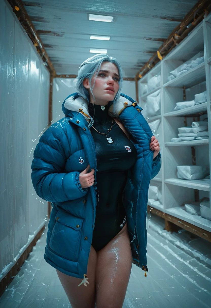 score_9, score_8_up, score_8_up, 1girl, in an industrial freezer warehouse, indoors, a girl posing in the snow, wearing black puffy down jacket, looking at camera, covered in snow and ice, tight swimsuit, swimsuit material detail, open coat, low angle, thick thighs, fit body, thin waist, large breasts, pure white snow, godrays, steel walls, blocks of ice, negative_hand, shivering, shaking, trembling, 1dk <lora:1dkXLP:0.65> <lora:Expressive_H:0.45> <lora:Granblue_Fantasy_Style_XLv4:0.20> <lora:Fjallraven_Expedition_-_Pony:1>