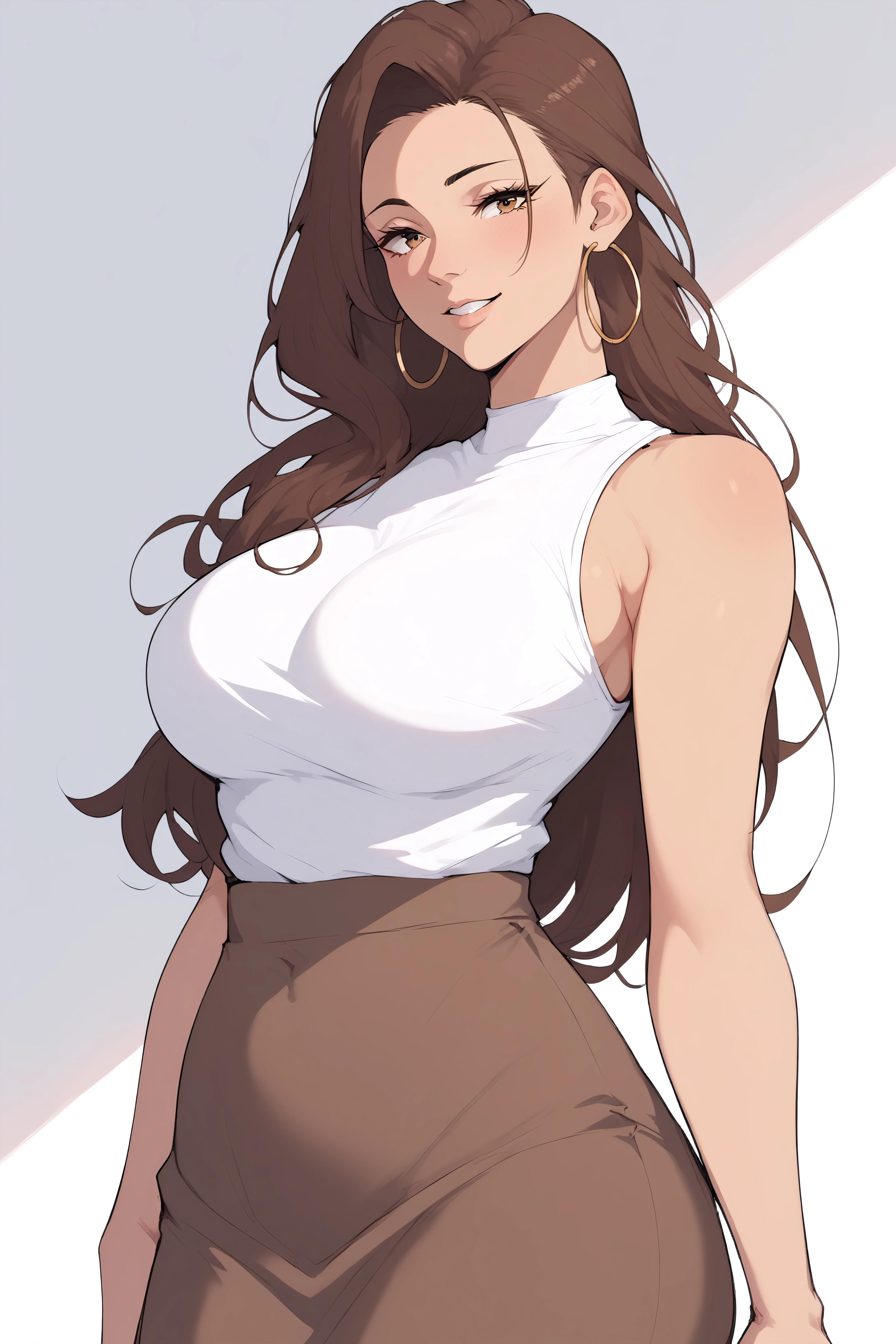 score_9, score_8_up, score_7_up, <lora:Risa Hamazaki-PonyXL-lora-Faxtron:0.8> risa hamazaki, brown eyes, brown hair, long hair, large breasts, hoop earrings, white shirt, sleeveless, brown skirt,