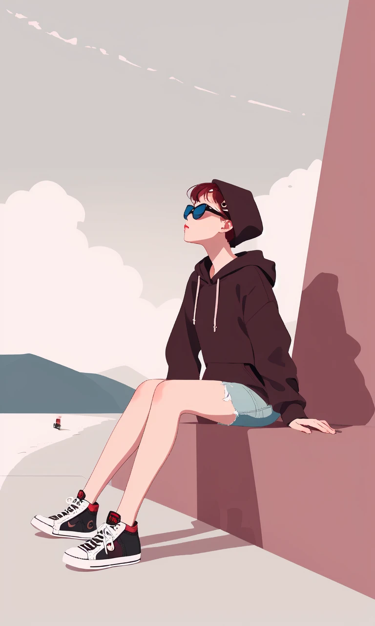 ((masterpiece)), ((best quality)), 8k,jypm, flat design,1 girl, solo,short hair, sitting, 1 pair of sunglasses, hoodie, colored hoodie, denim shorts, sneakers, skateboard, Human focus, outdoor, blue sky, White clouds, , <lora:jypm:0.7> <lora:badhand_animesky_last:1> <lora:coloricher:0.5>