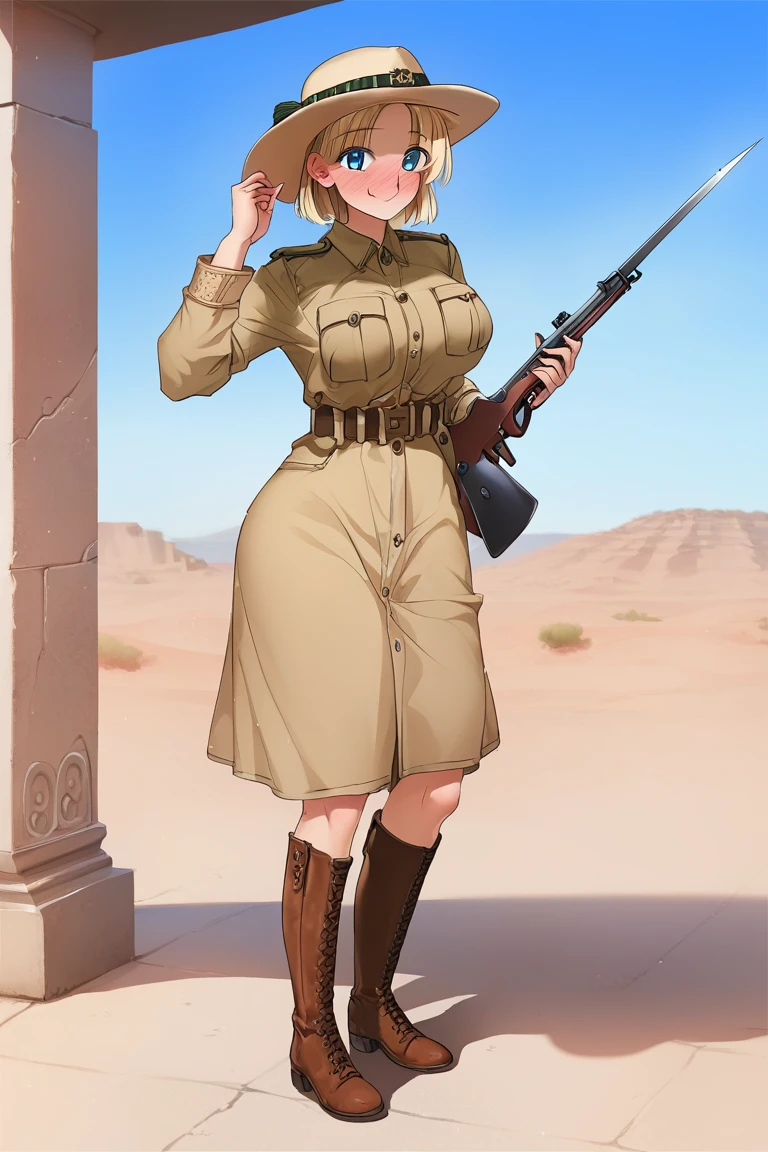 score_9,score_8_up,score_7_up,artbook,game cg,1girl,solo, ,holding rifle,musket,bayonet,africa desert, sunlight, hot, narrow waist, large breasts, blonde hair, blue eyes, smile, full-face blush , boots holding tea cup,ww1era,khaki uniform, slouch hat, cowboy hat <lora:redcoatXLv1:1>,<lora:Koume_Keito_PonyXL_dim32:0.8:lbw=0.8,0,0,0,0,0,0.8,0.8,0.8,0.8,0.8,0.75>,