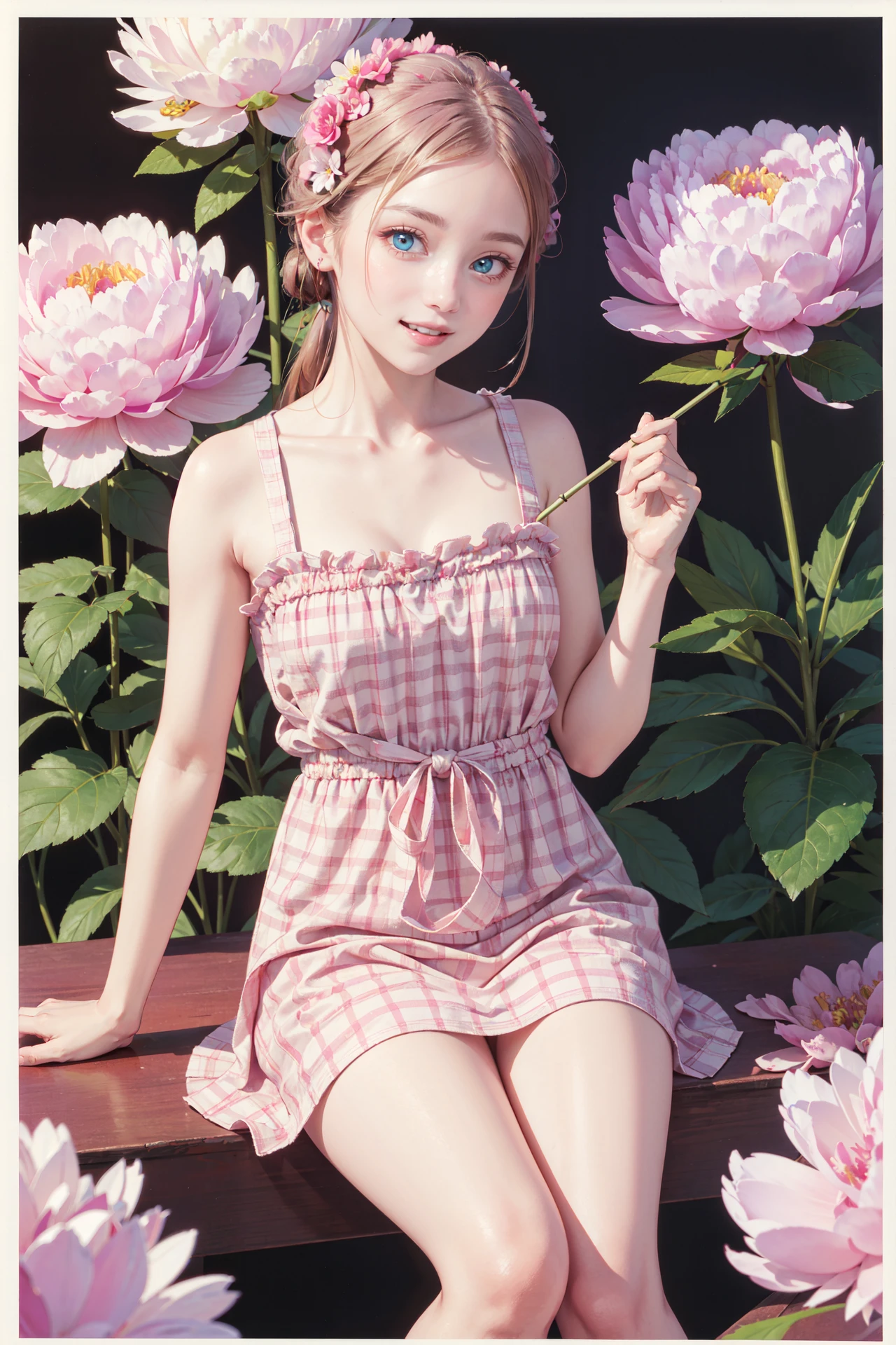 ((best quality, masterpiece, absurbres, super-resolution)), 1girl, pink and yellow checkered pattern, flowers peony