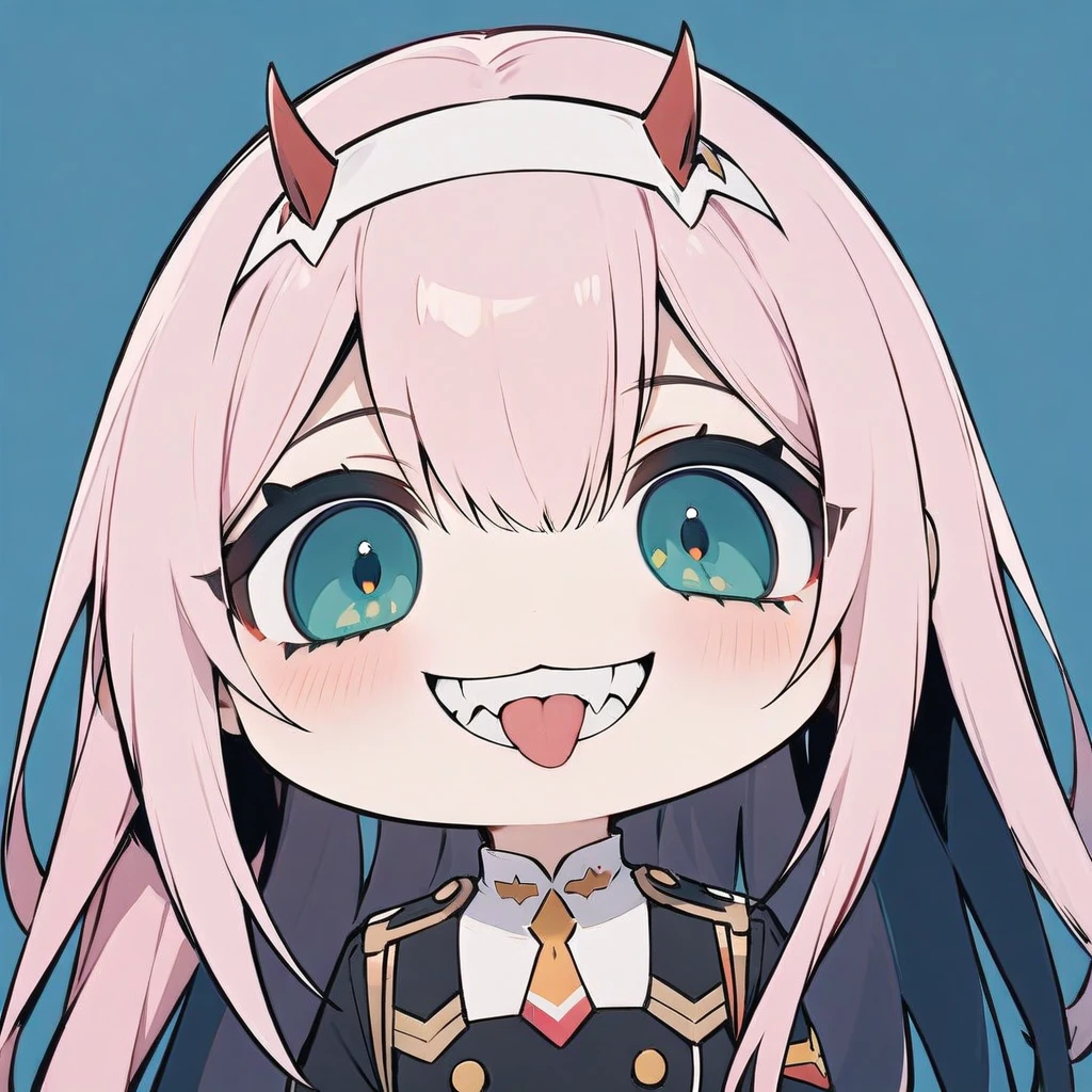 (grin, chibi, teeth), (masterpiece),(best quality),1girl, aqua_background, aqua_eyes, blue_background, buttons, double-breasted, fangs, green_eyes, hairband, horns, long_hair, looking_at_viewer, military, military_uniform, necktie, pink_hair, sky, solo, tongue, tongue_out, uniform, white_hairband, zero_two_\(darling_in_the_franxx\)