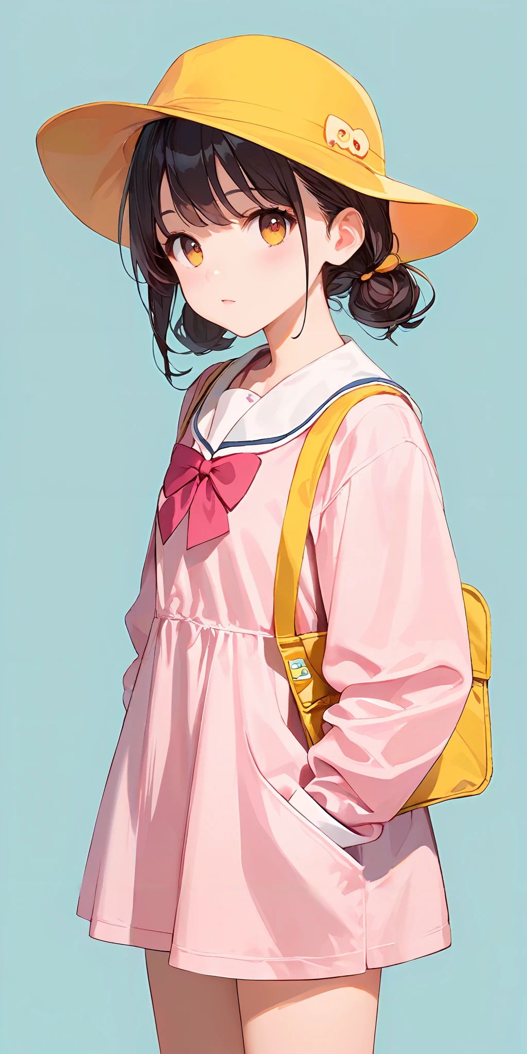 score_9, score_8_up, score_7_up,source_anime, high res image,masterpiece,best quality,girl,cute face,simple background, <lora:youchien_Pony_V1.0:0.7> jyojifuku, pink dress, yellow school hat