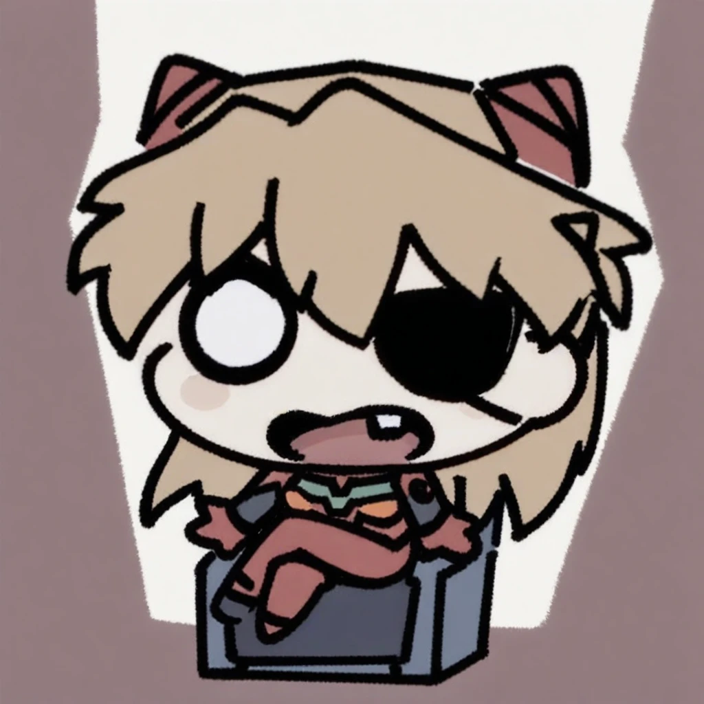 (chibi),1girl, souryuu asuka langley, neon genesis evangelion, rebuild of evangelion, lance of longinus, cat hat, plugsuit, pilot suit, red bodysuit, sitting, crossed legs, black eye patch, throne, looking down, from bottom, looking at viewer, outdoors, masterpiece, best quality, very aesthetic, absurdres,full_body