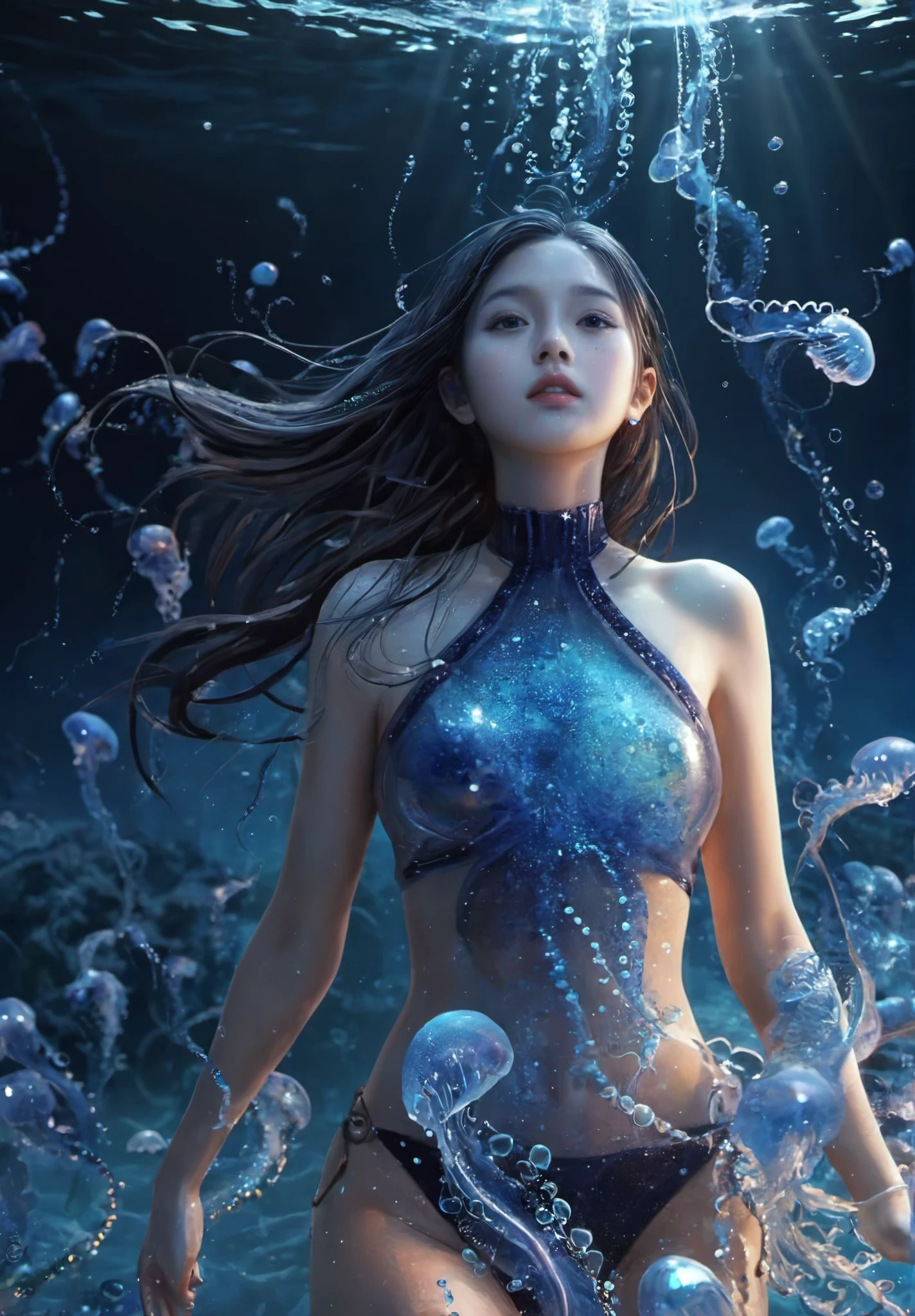 xuer Character concept art,<lora:~Q? ri_zg/ xuer Character concept art:0.8>,xuer Character concept art,1girl,solo,long hair,looking at viewer,jewelry,
((blue and navy color tone:1.3)) 1girl,solo,jellyfish filling up the ocean,millions of jellyfish,a girl swimming ((naked)) in the deep ocean surrounded by jellyfish,((jellyfish)),deep black ocean,under the sea,(photorealistic:1.4),official art,unity 8k wallpaper,ultra detailed,beautiful and aesthetic,masterpiece,best quality,(dynamic angle:1.4),glowing skin,(floating colorful sparkles:1) the most beautiful form of chaos,elegant,a brutalist designed,vivid colours,romanticism,ultra wide angle,