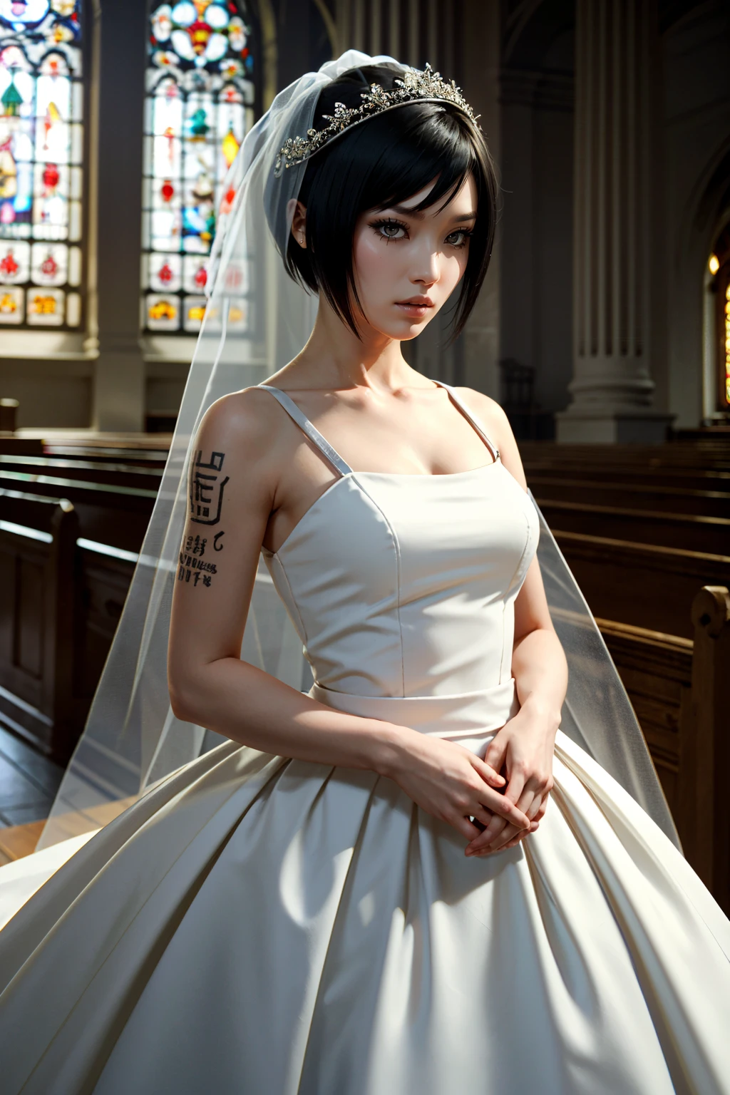 ((ultra detailed, masterpiece, absurdres))
 <lora:MEFaith:0.8>
MEFaith, 1girl, tattoo, short hair, black hair, wearing a wedding dress, bridal veil, inside a church